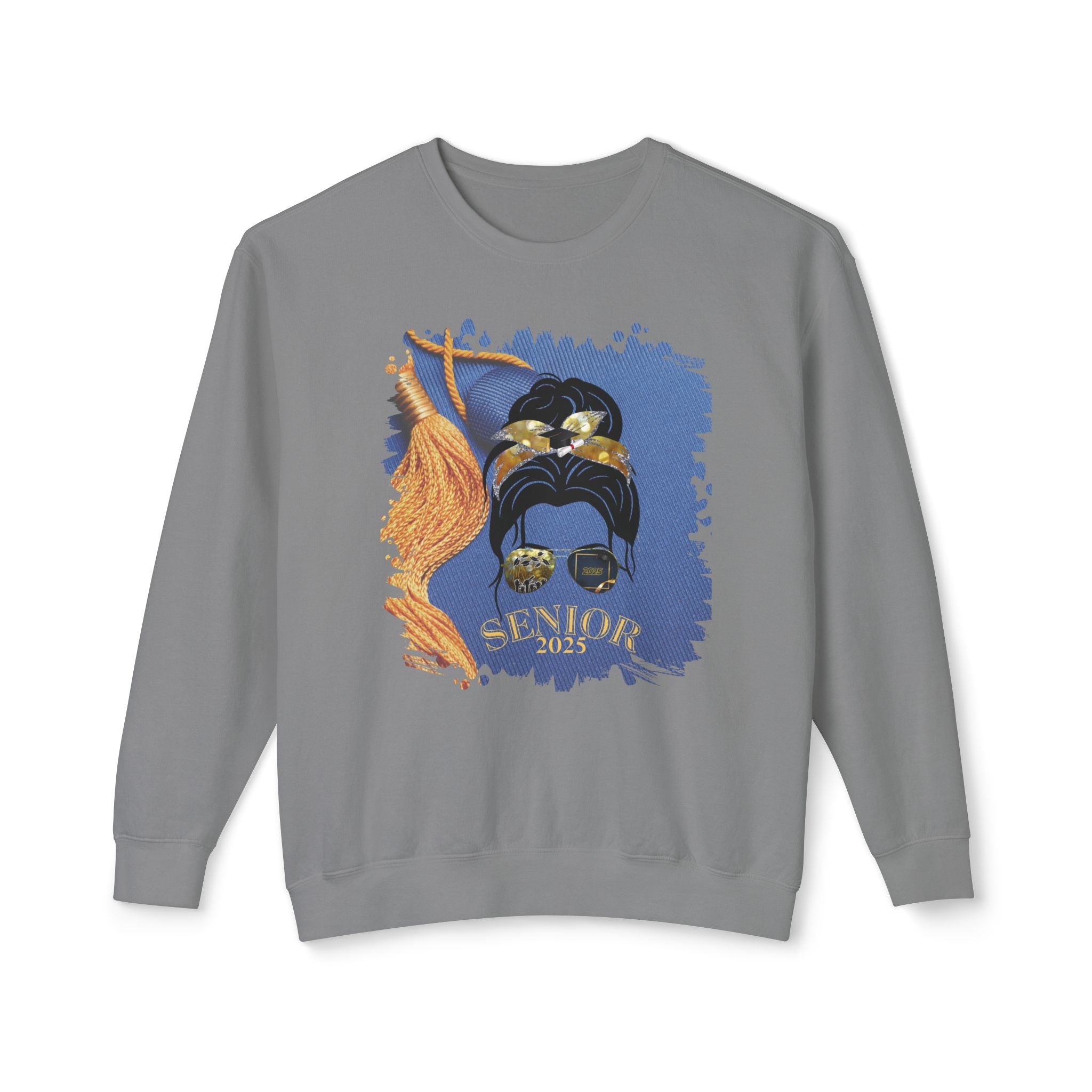 Senior 2025, Graduation Cap, Dark Hair Messy Bun, Unisex Lightweight Crewneck Sweatshirt