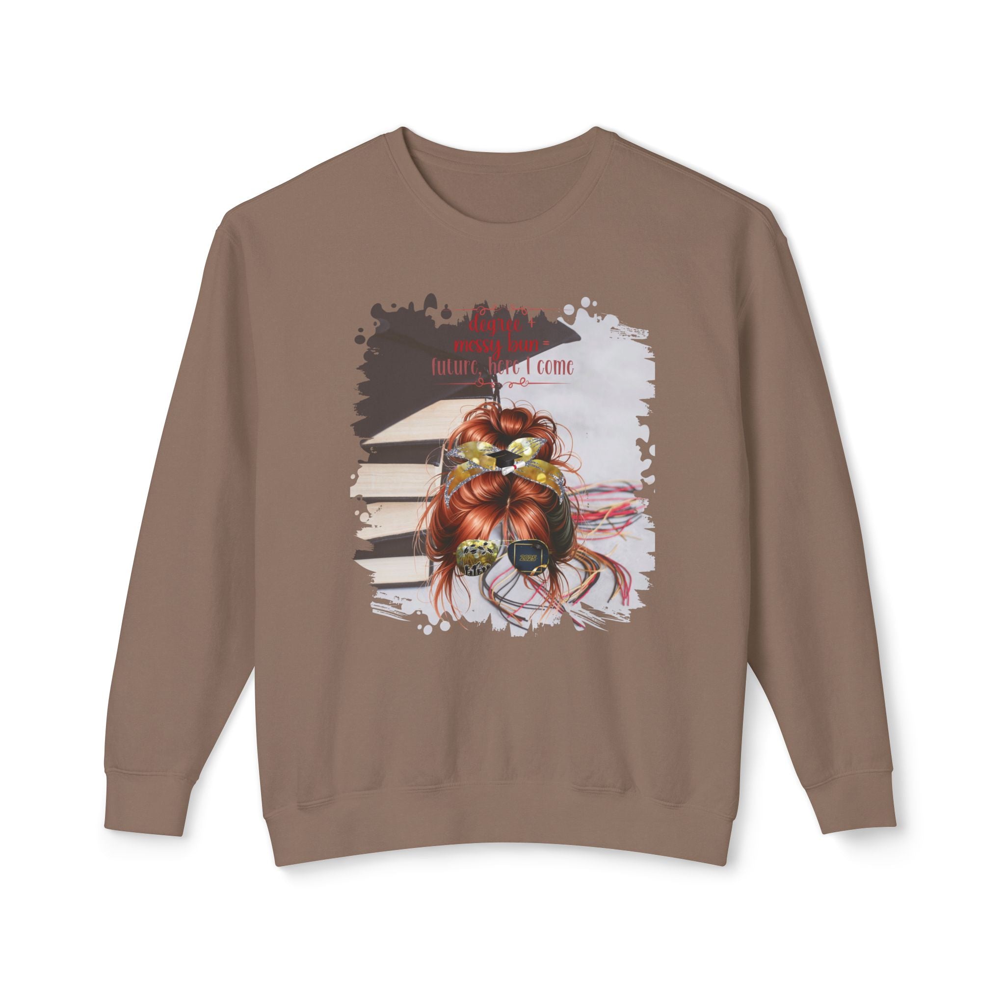 Degree + Messy Bun, Cap & Books, Red Hair Messy Bun, Unisex Lightweight Crewneck Sweatshirt