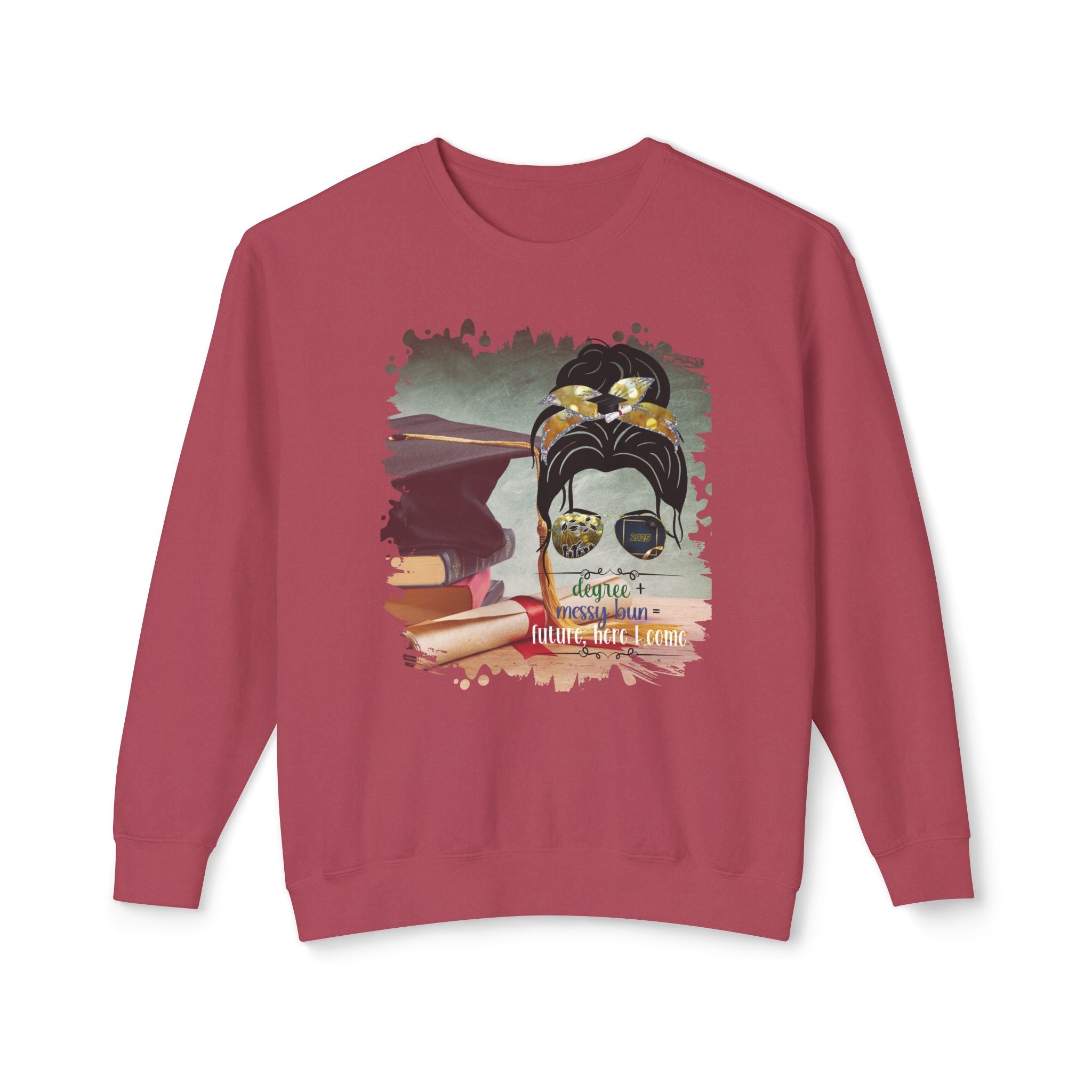 Degree + Messy Bun, Cap & Degree/Diploma, Dark Hair Messy Bun, Unisex Lightweight Crewneck Sweatshirt