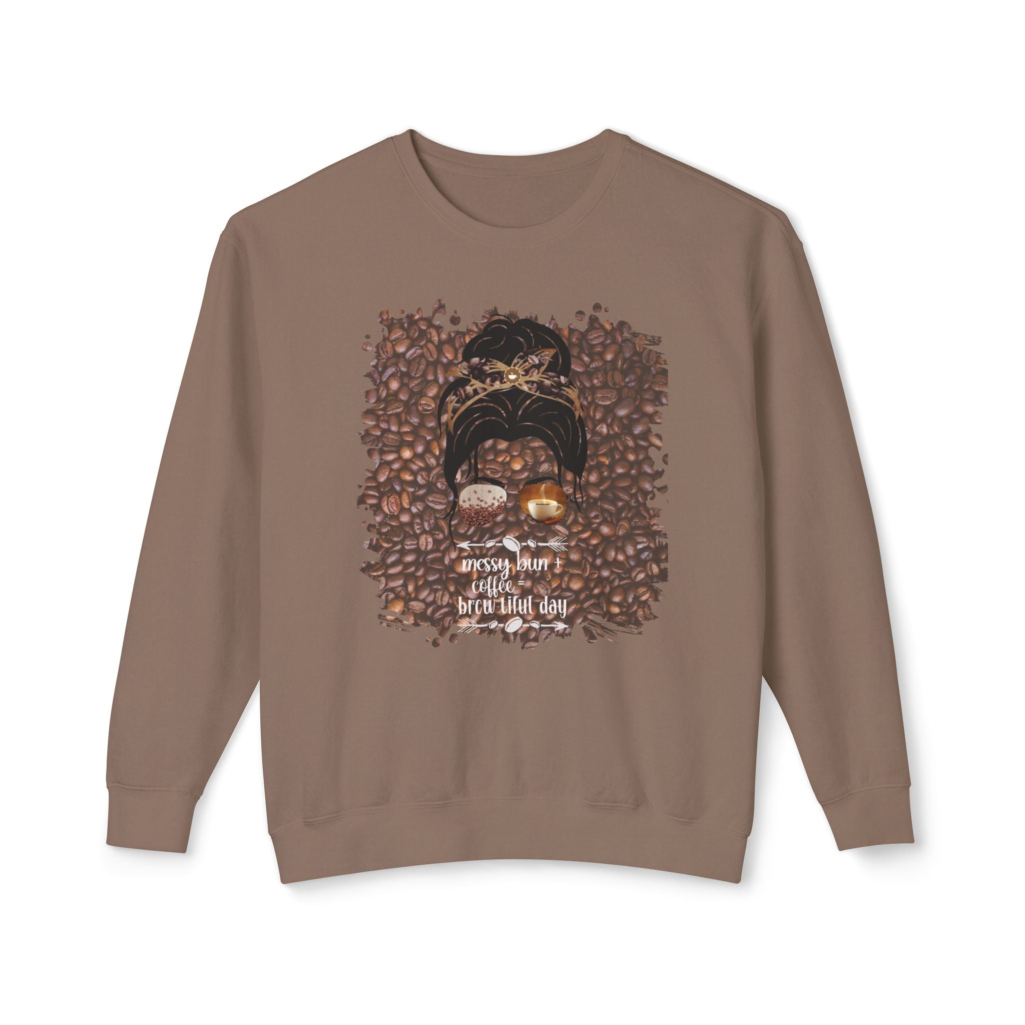 Messy Bun plus Coffee, Coffee Beans, Dark Hair Messy Bun, Unisex Lightweight Crewneck Sweatshirt