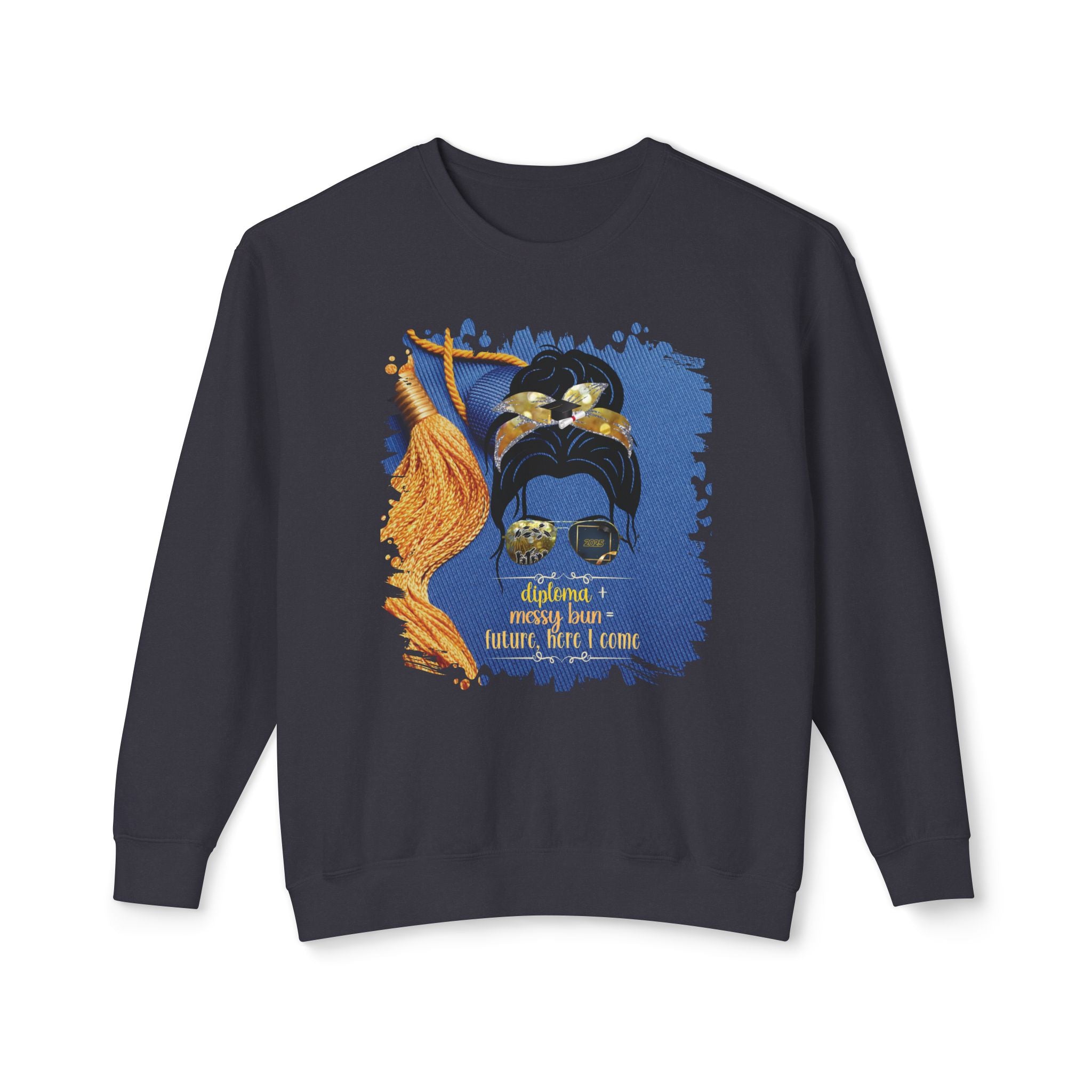 Diploma + Messy Bun, Graduation Cap, Dark Hair Messy Bun, Unisex Lightweight Crewneck Sweatshirt
