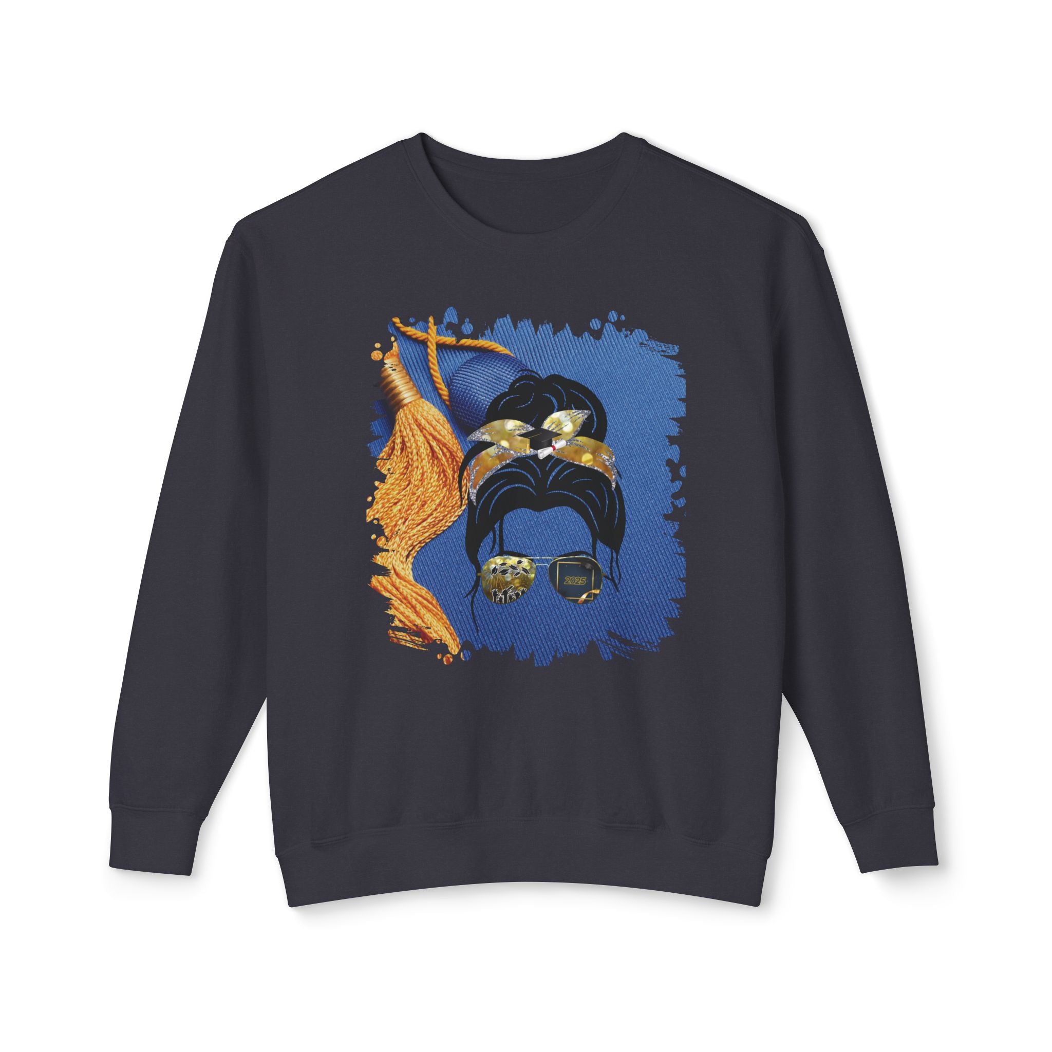 Graduation Cap, Dark Hair Messy Bun, Unisex Lightweight Crewneck Sweatshirt