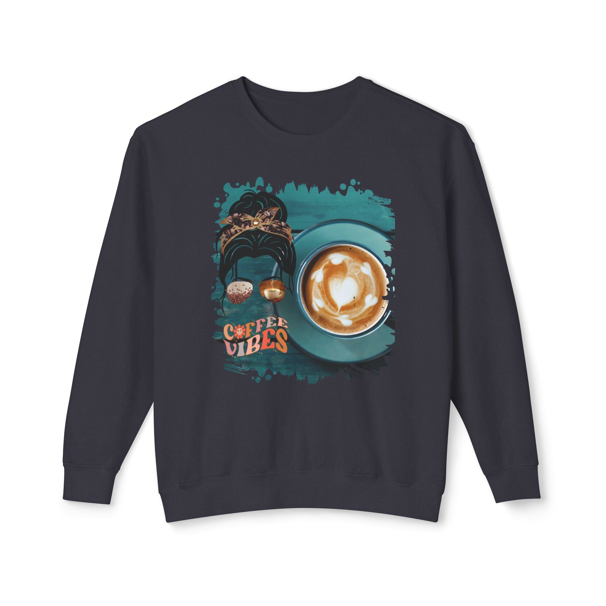 Coffee Vibes, Coffee Cup, Dark Hair Messy Bun, Unisex Lightweight Crewneck Sweatshirt
