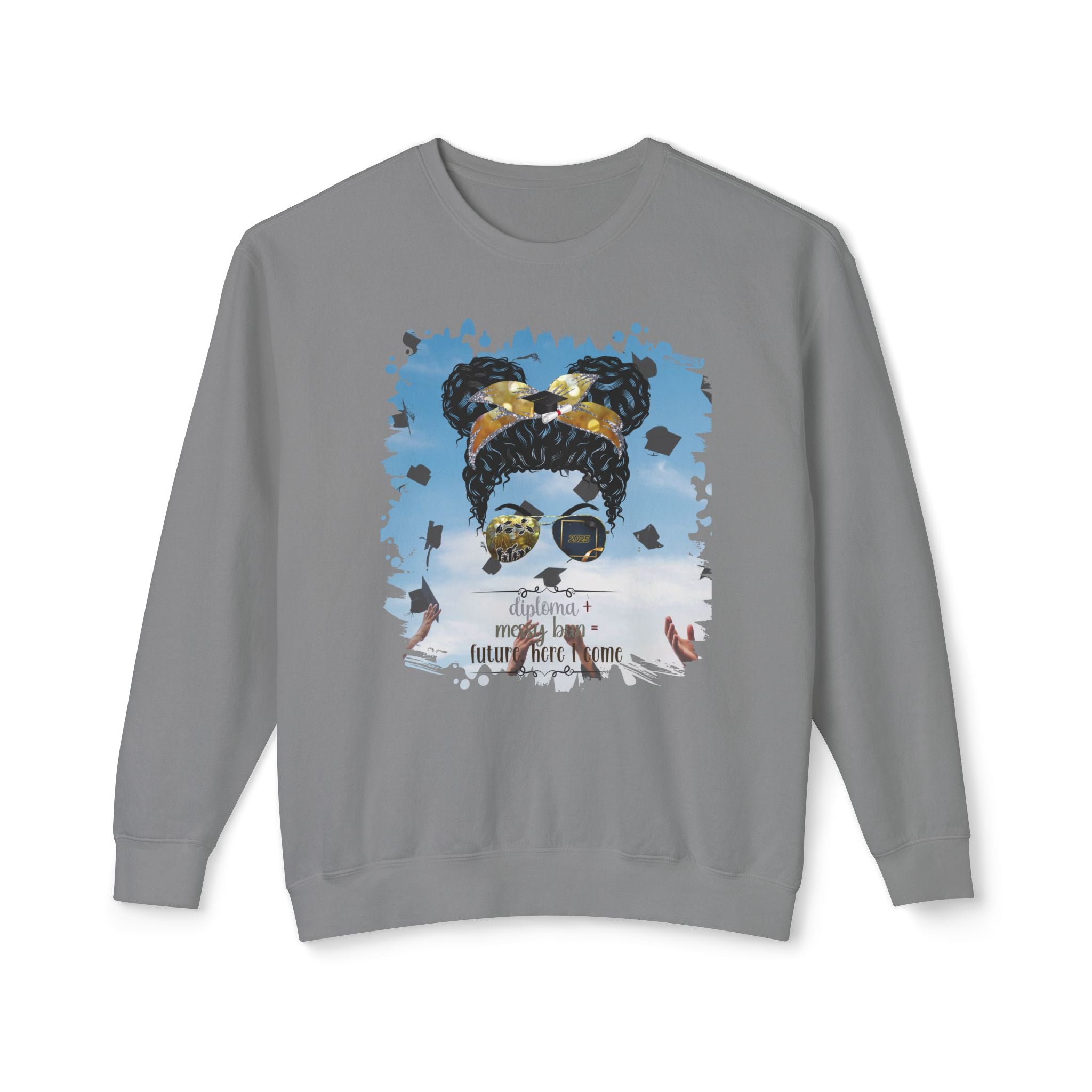 Diploma + Messy Bun, Celebration, Black Hair Messy Bun, Unisex Lightweight Crewneck Sweatshirt