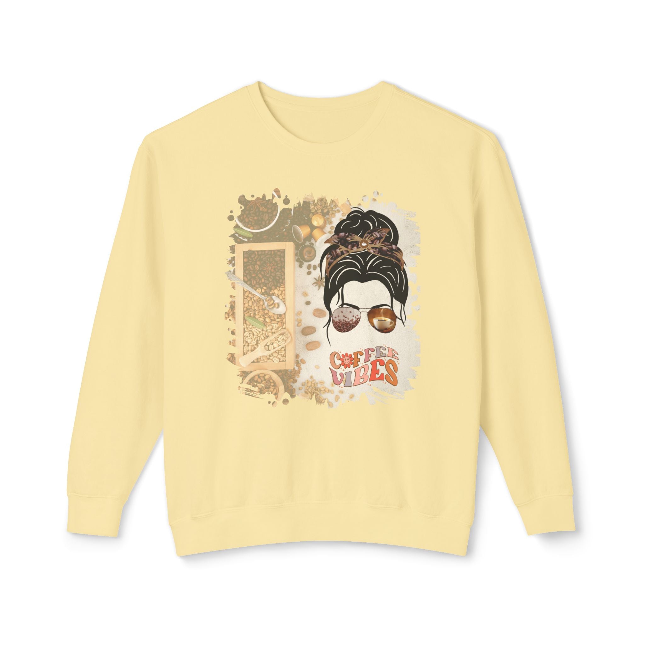 Coffee Vibes, Coffee Beans Variety, Dark Hair Messy Bun, Unisex Lightweight Crewneck Sweatshirt