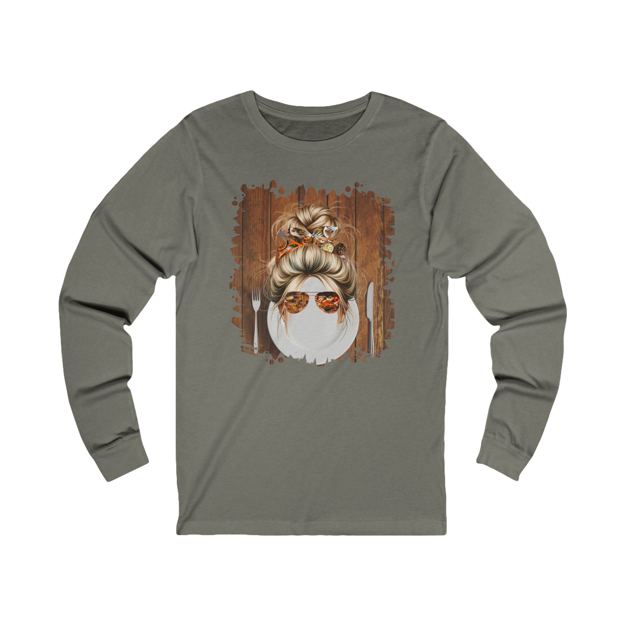 Plate Setting, Blond Hair Messy Bun, Unisex Jersey Long Sleeve Tee