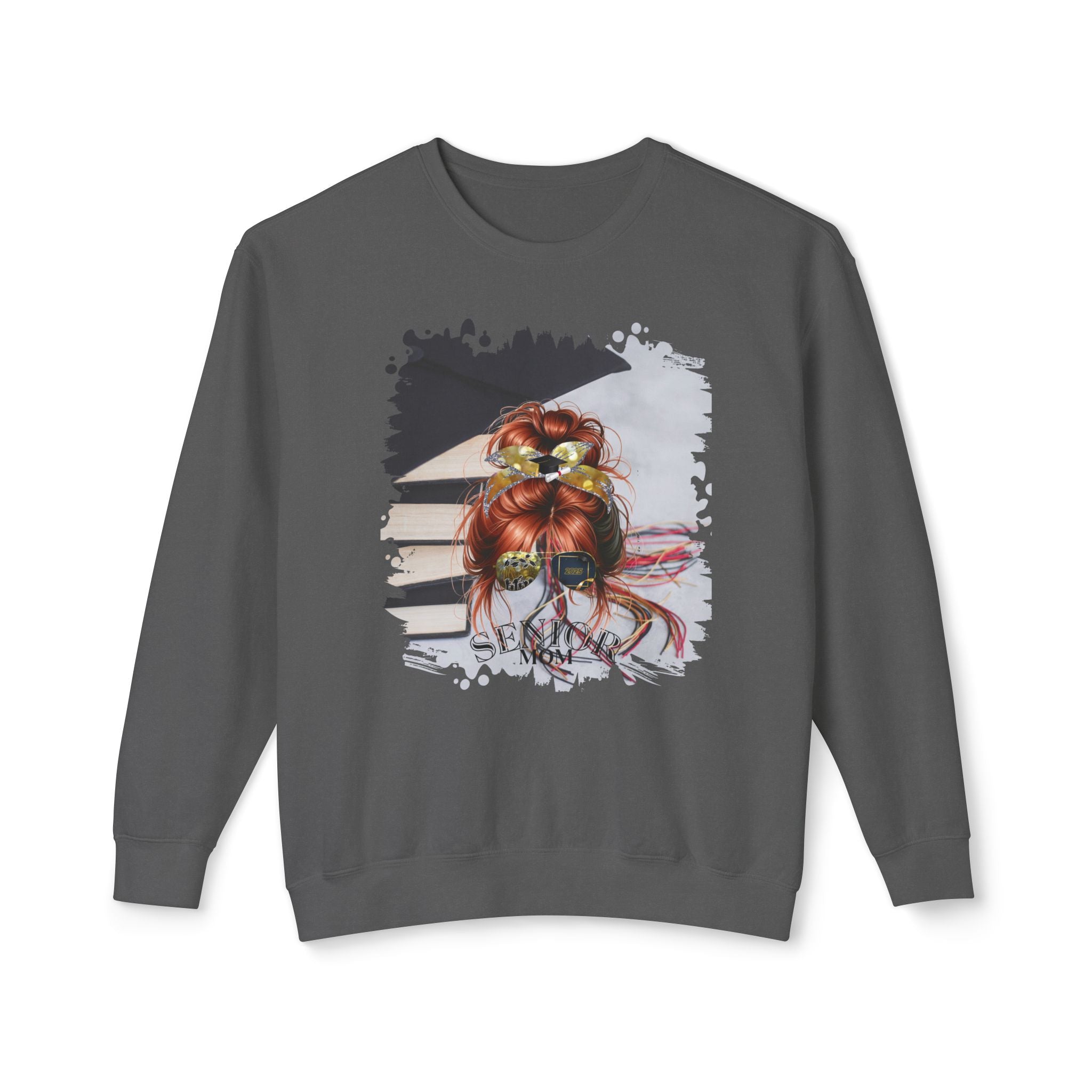 Senior Mom, Cap & Books, Red Hair Messy Bun, Unisex Lightweight Crewneck Sweatshirt