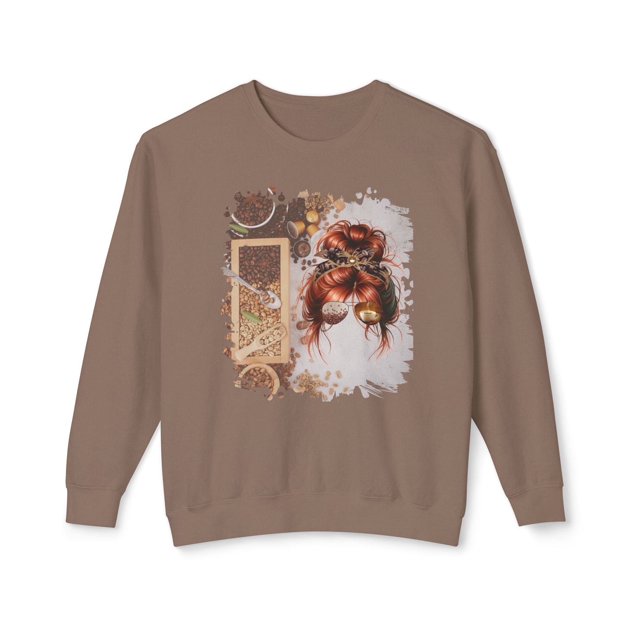 Coffee Beans Variety, Red Hair Messy Bun, Unisex Lightweight Crewneck Sweatshirt
