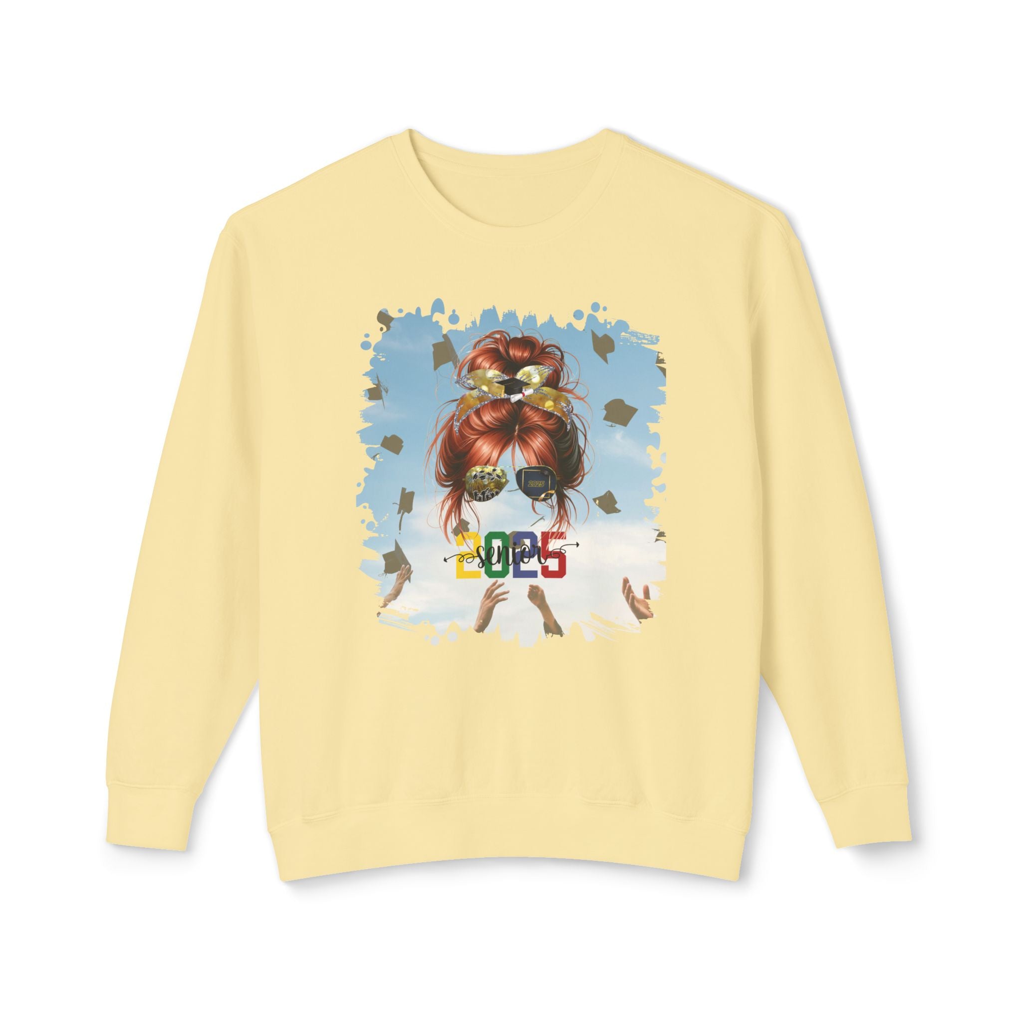 Senior 2025 Colorful, Celebration, Red Hair Messy Bun, Unisex Lightweight Crewneck Sweatshirt