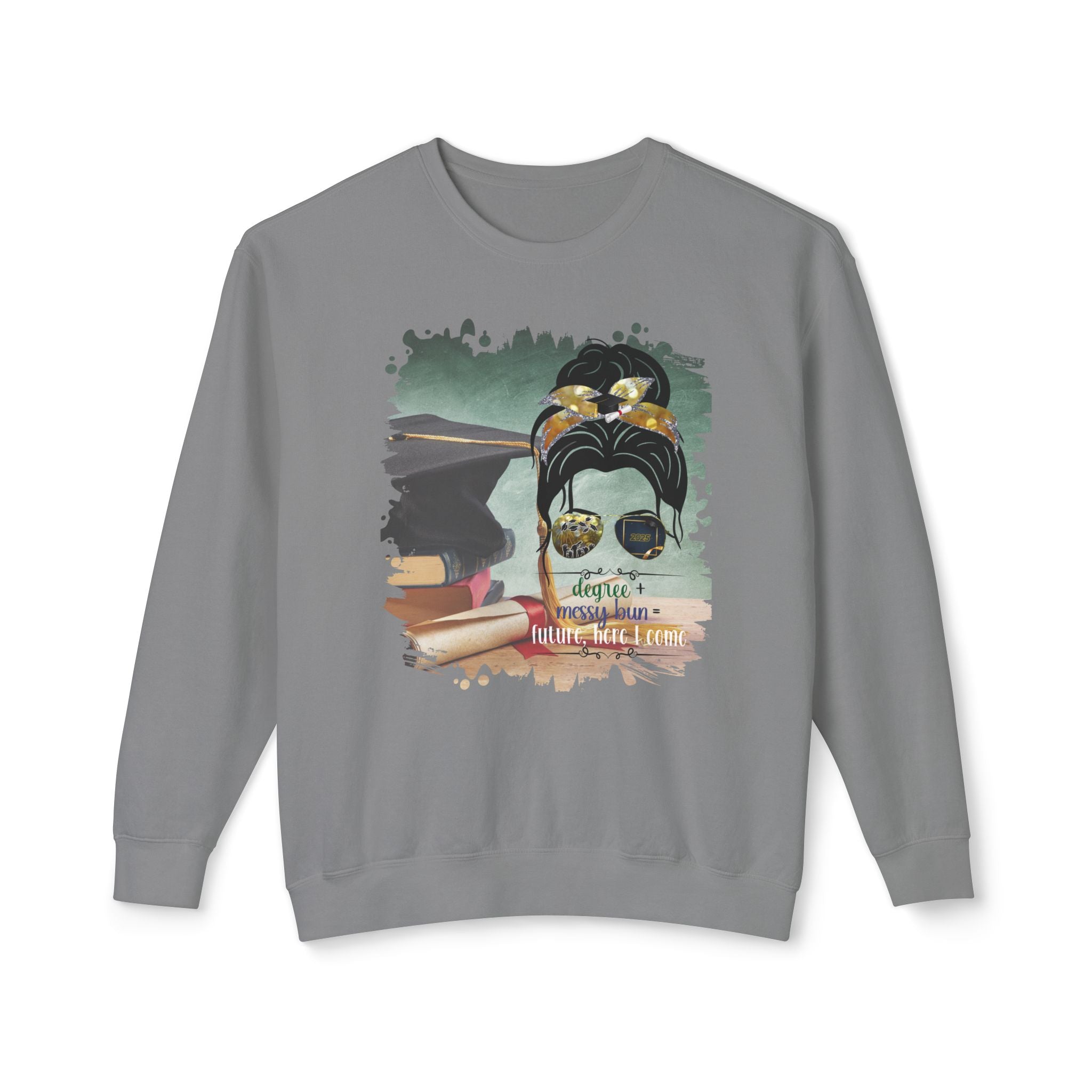 Degree + Messy Bun, Cap & Degree/Diploma, Dark Hair Messy Bun, Unisex Lightweight Crewneck Sweatshirt