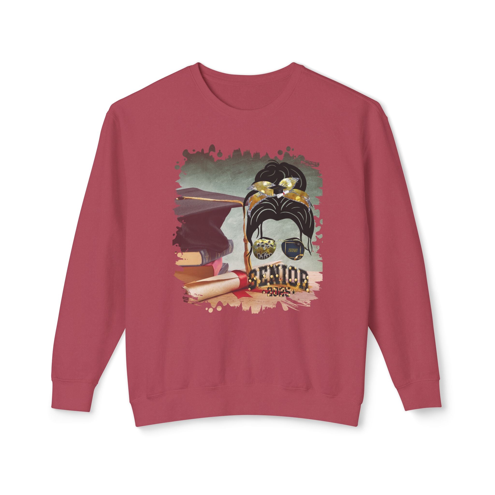 Senior 2025 Balloons, Cap & Degree/Diploma, Dark Hair Messy Bun, Unisex Lightweight Crewneck Sweatshirt