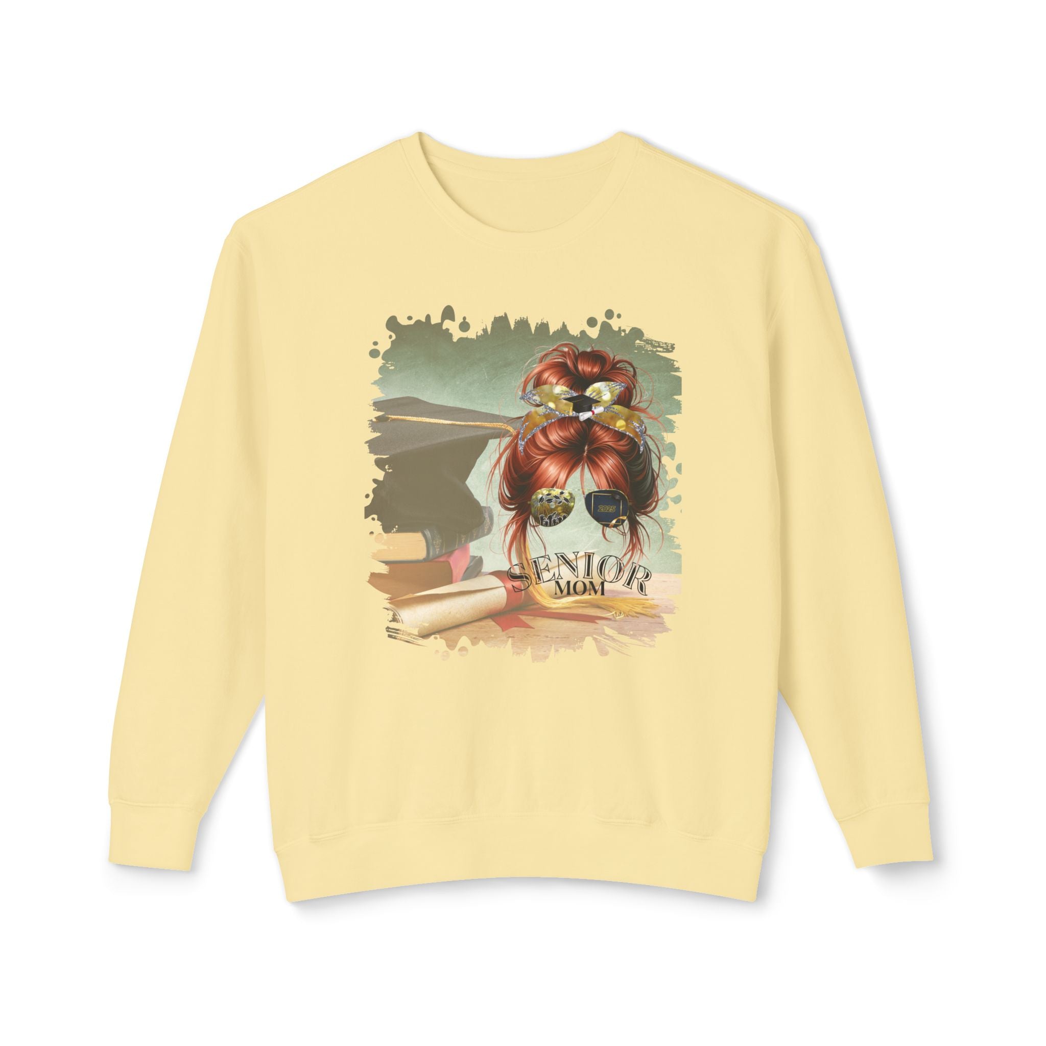 Senior Mom, Cap & Degree/Diploma, Red Hair Messy Bun, Unisex Lightweight Crewneck Sweatshirt