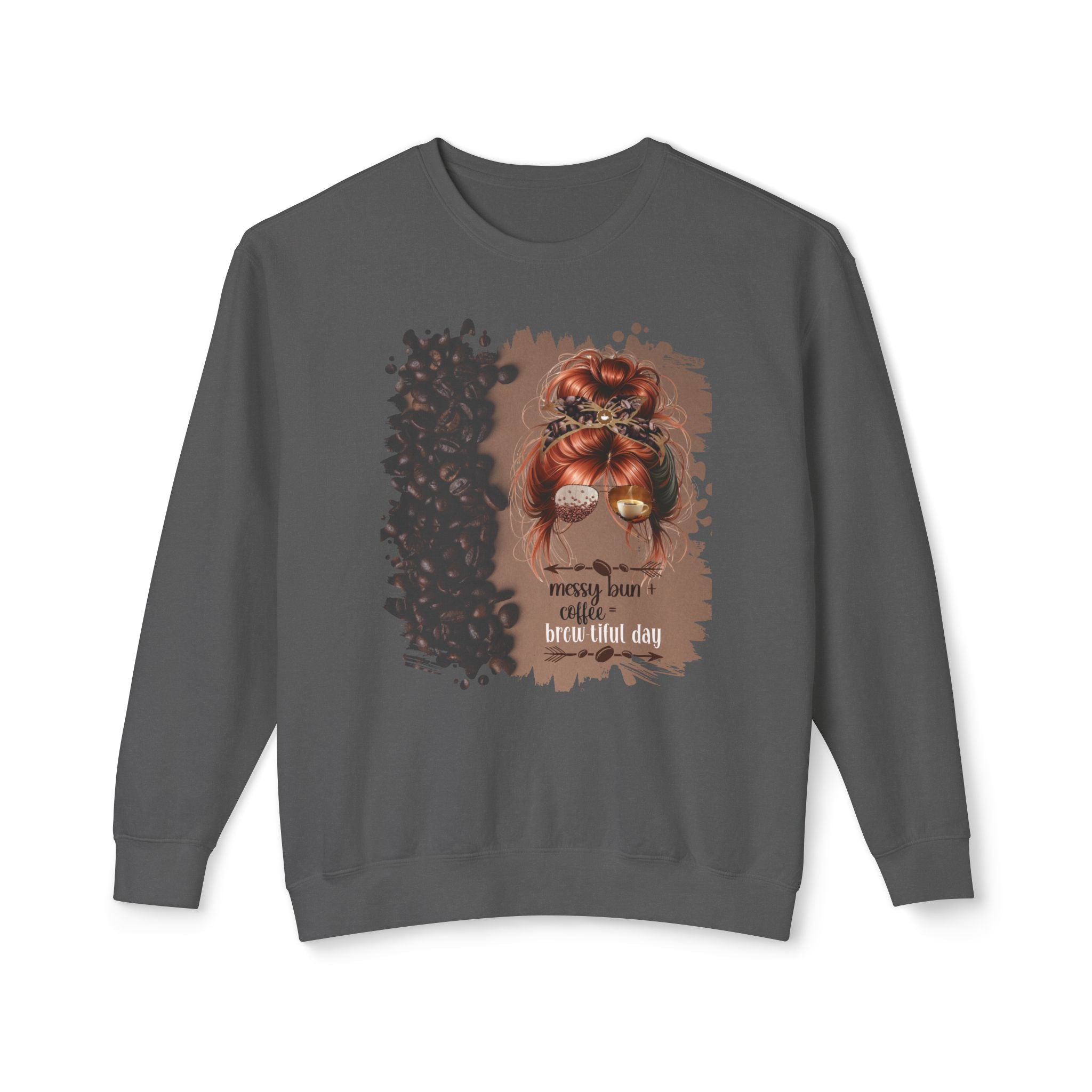 Messy Bun plus Coffee, Coffee Beans Shade, Red Hair Messy Bun, Unisex Lightweight Crewneck Sweatshirt