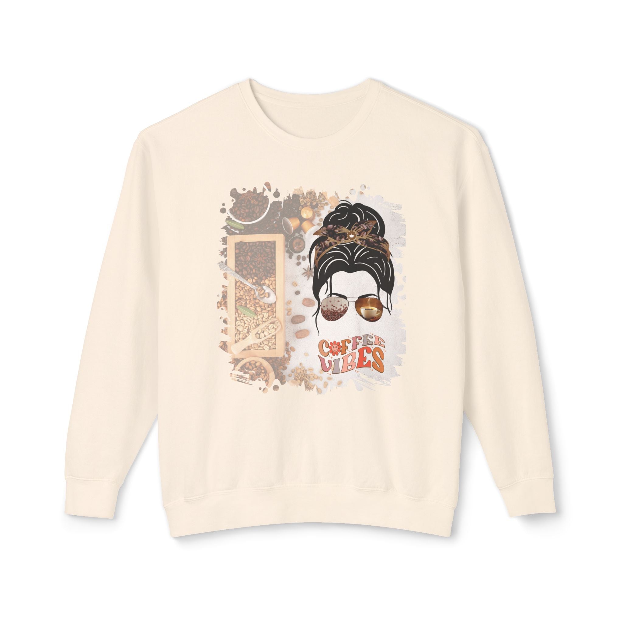 Coffee Vibes, Coffee Beans Variety, Dark Hair Messy Bun, Unisex Lightweight Crewneck Sweatshirt