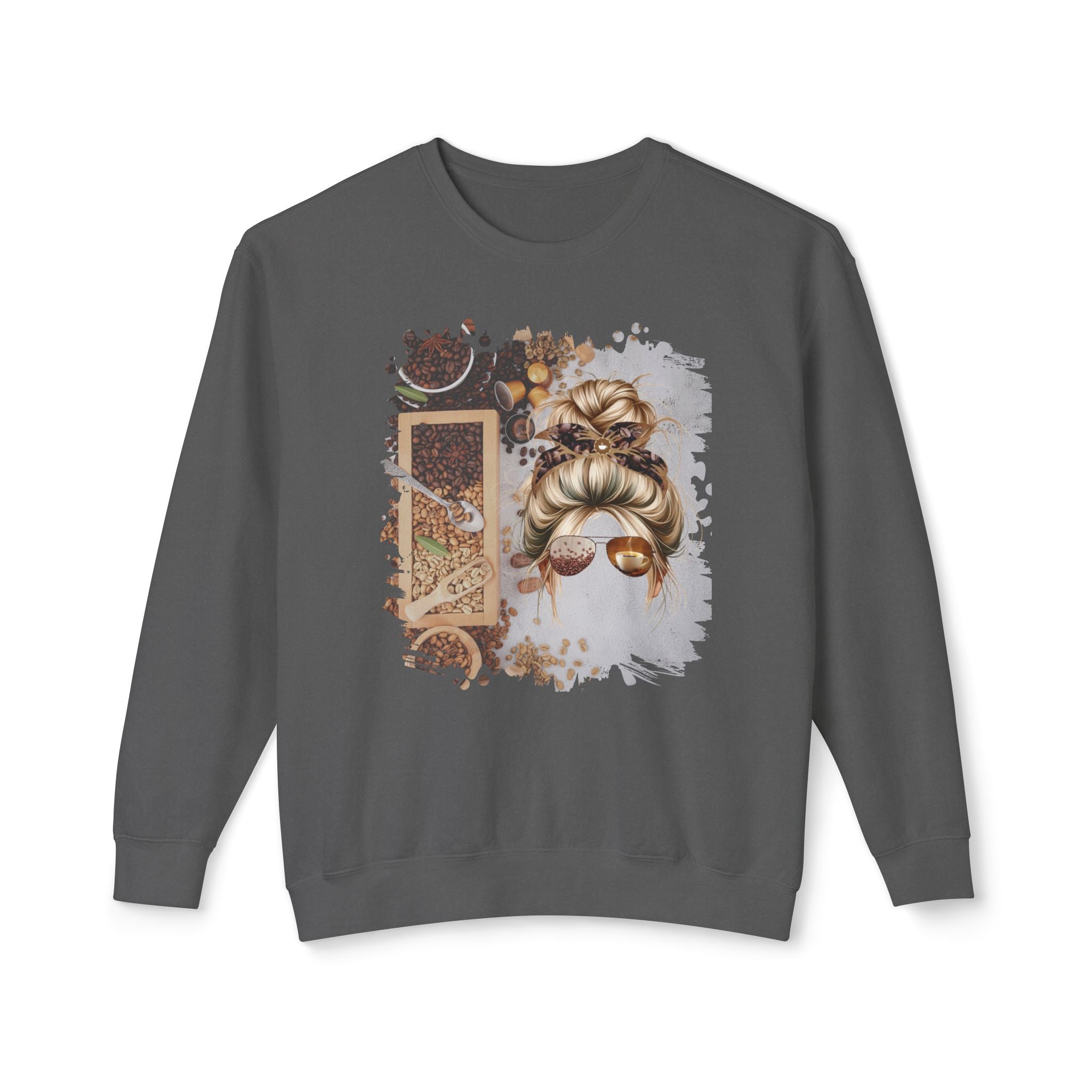 Coffee Beans Variety, Blond Hair Messy Bun, Unisex Lightweight Crewneck Sweatshirt
