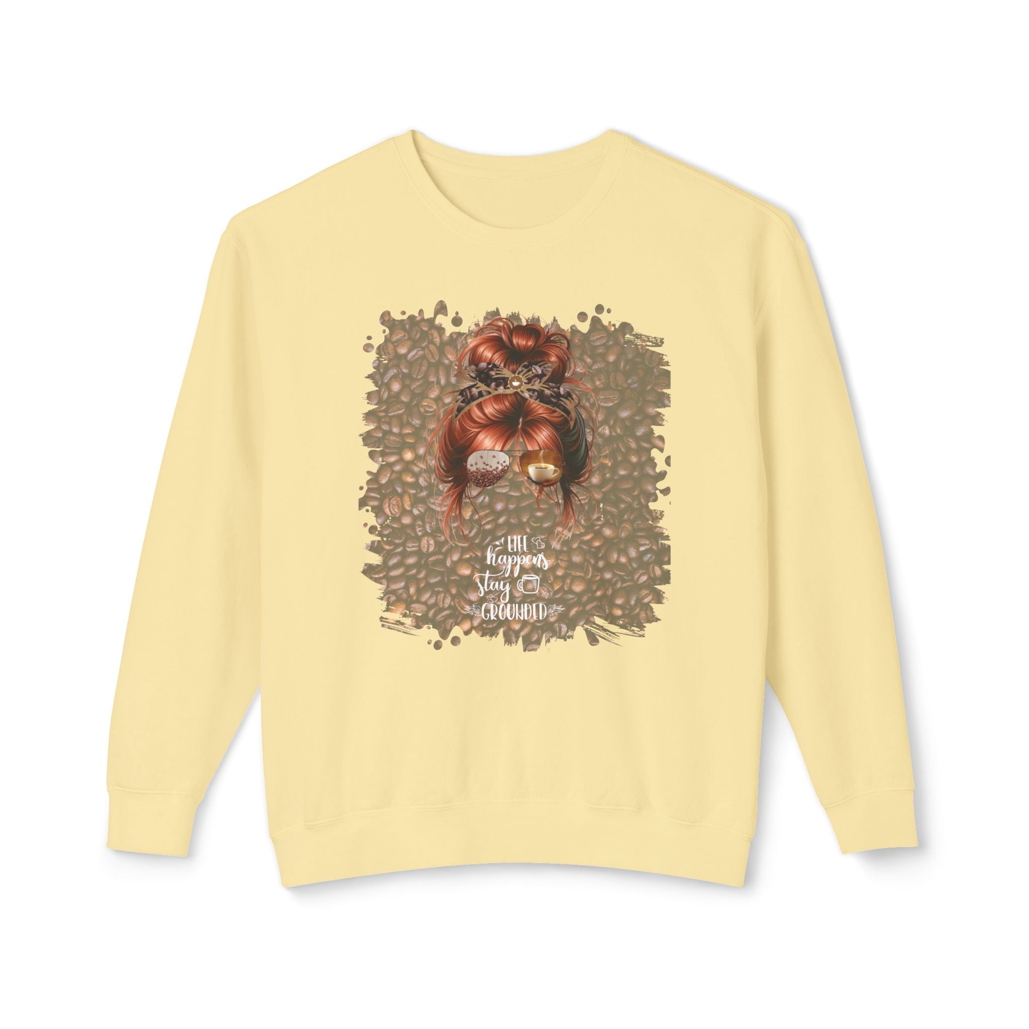 Stay Grounded, Coffee Beans, Red Hair Messy Bun, Unisex Lightweight Crewneck Sweatshirt