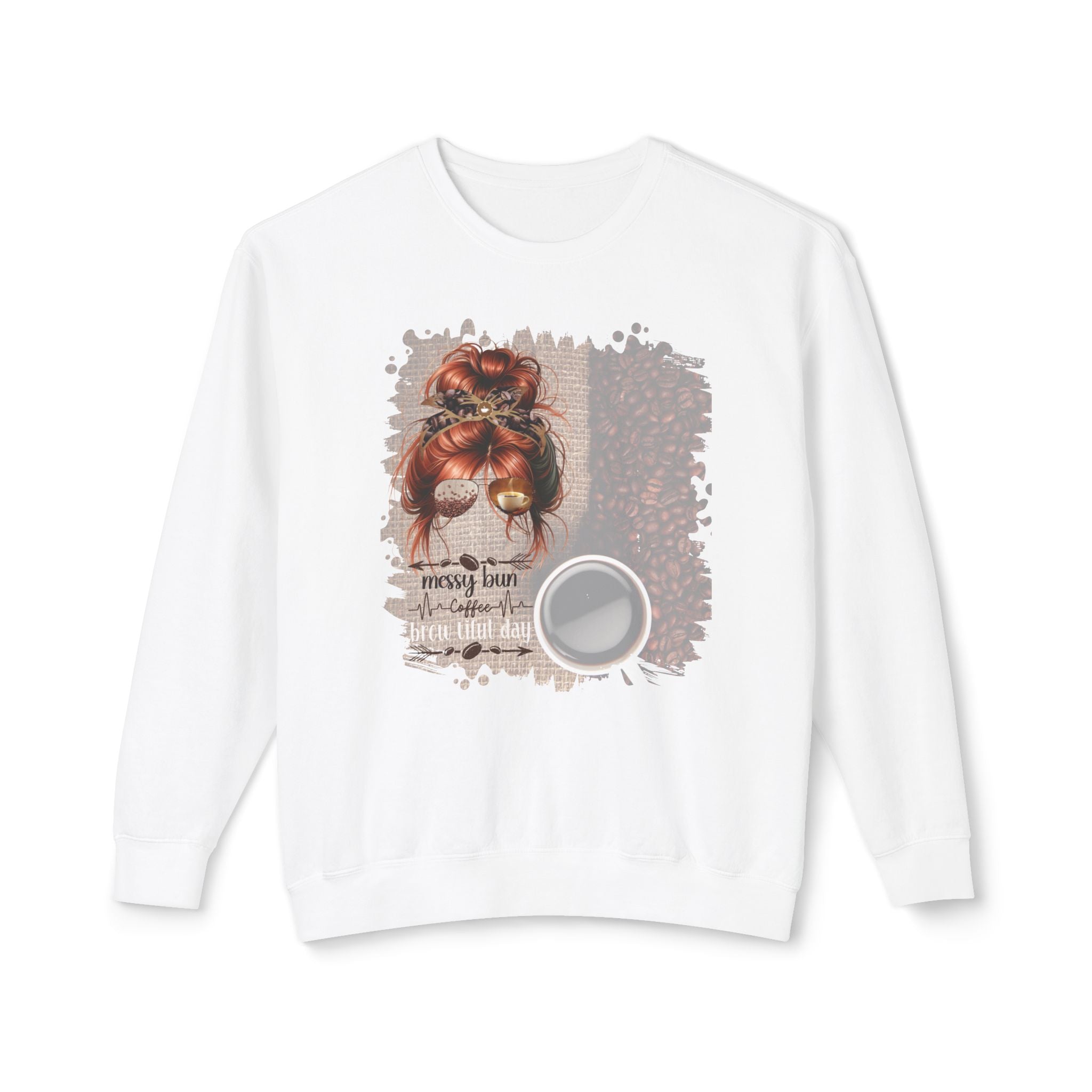 Coffee Heartbeat, Coffee Beans Bag, Red Hair Messy Bun, Unisex Lightweight Crewneck Sweatshirt