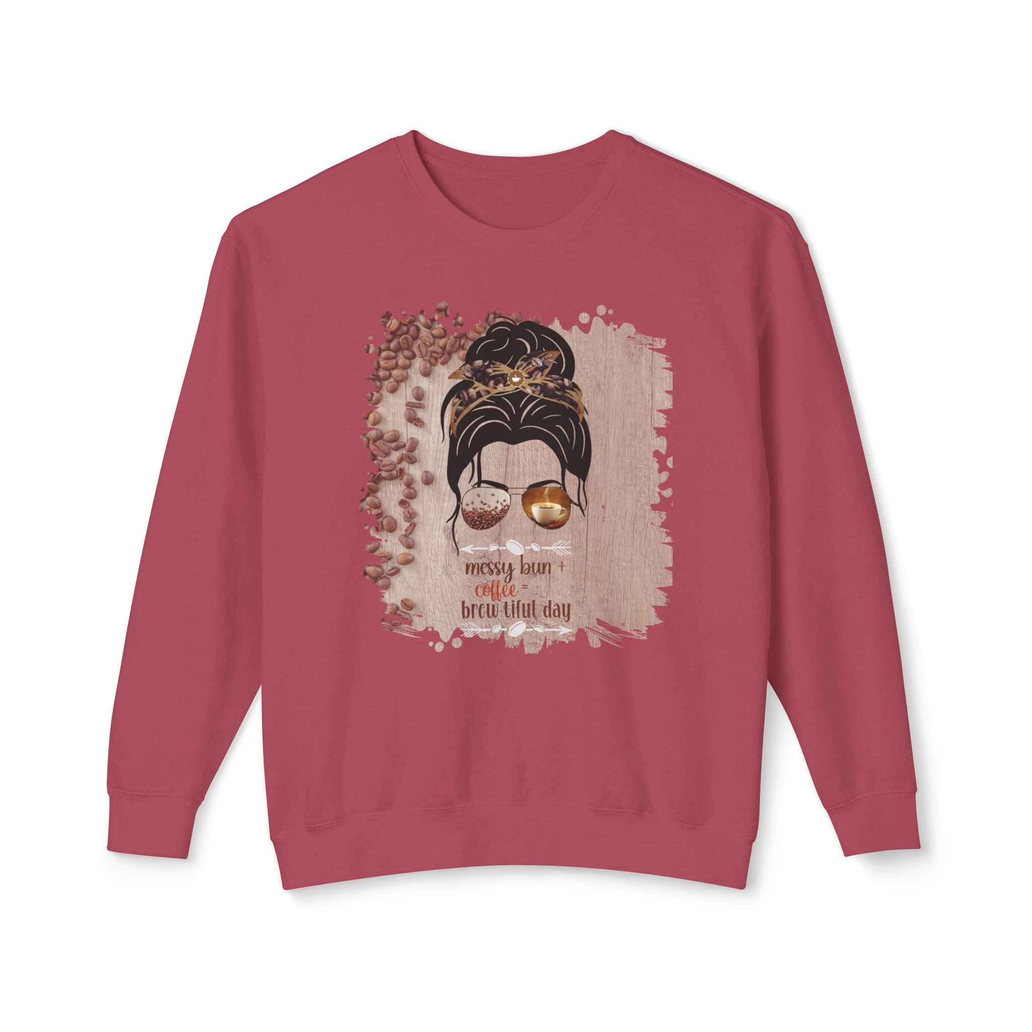 Messy Bun plus Coffee, Coffee Beans Table, Dark Hair Messy Bun, Unisex Lightweight Crewneck Sweatshirt