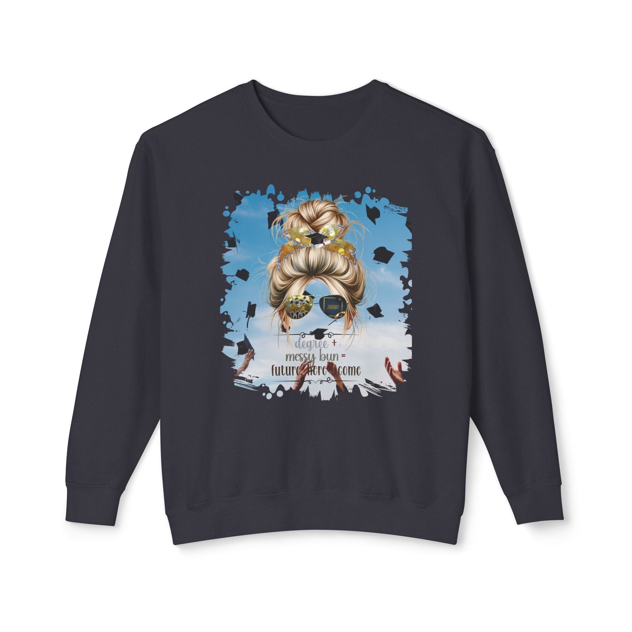 Degree + Messy Bun, Celebration, Blond Hair Messy Bun, Unisex Lightweight Crewneck Sweatshirt