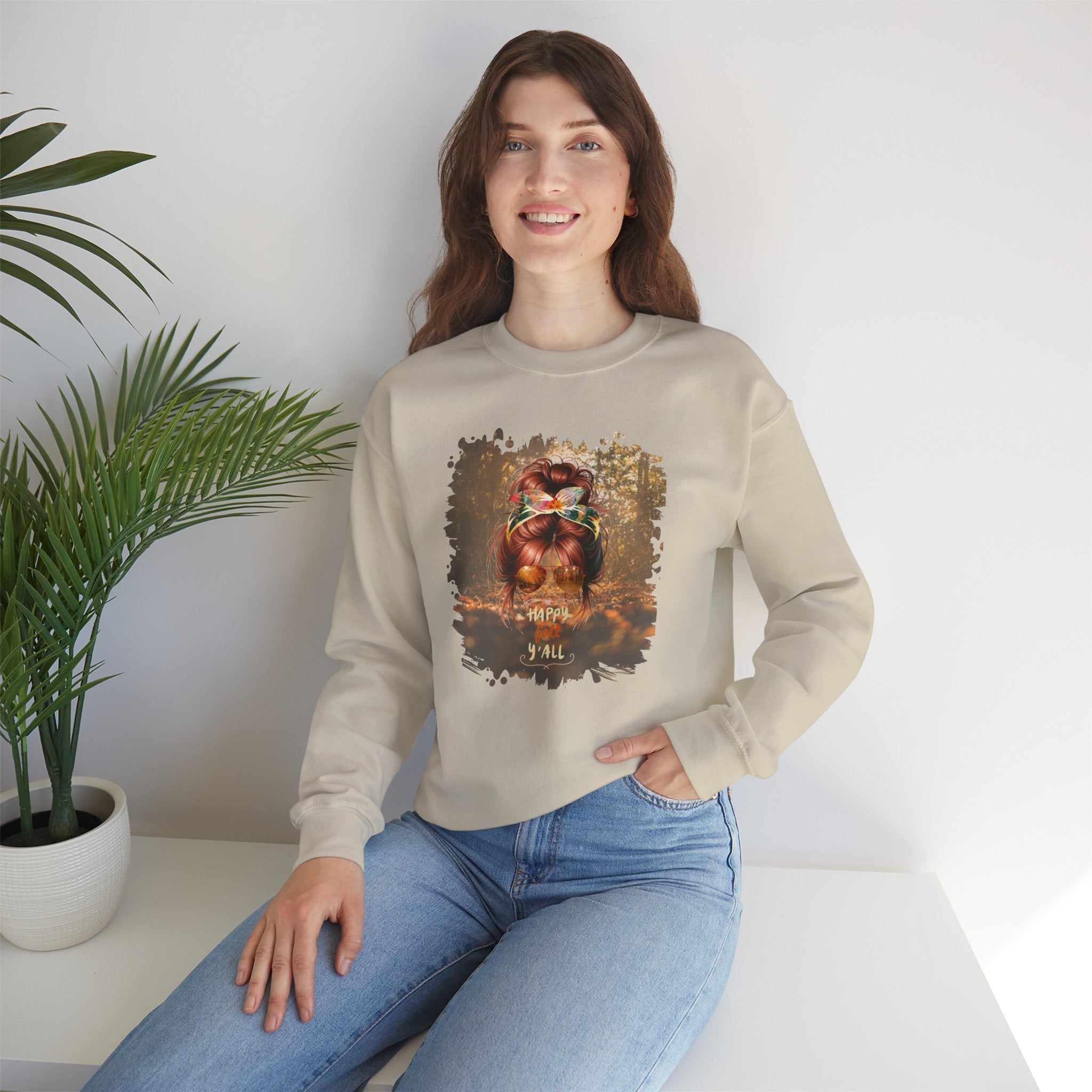Happy Fall Y'all Fall Forest, Red Hair Messy Bun, Unisex Heavy Blend™ Crewneck Sweatshirt