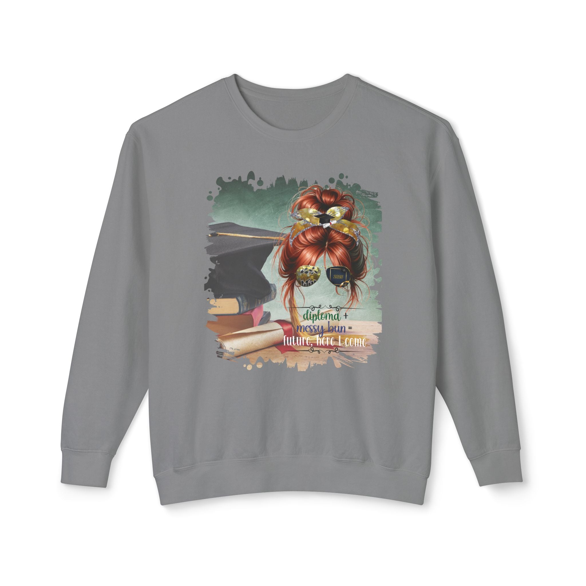 Diploma + Messy Bun, Cap & Degree/Diploma, Red Hair Messy Bun, Unisex Lightweight Crewneck Sweatshirt