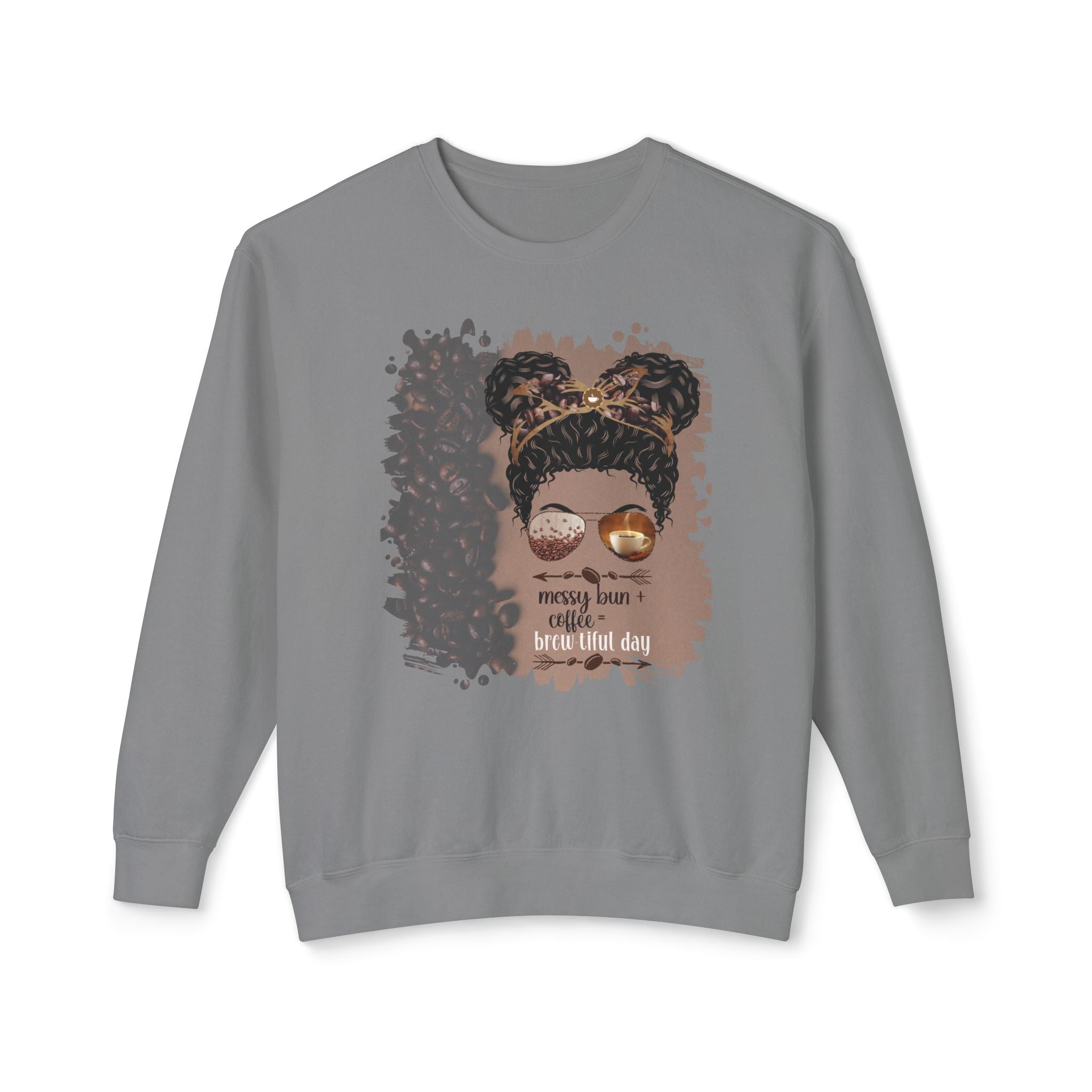 Messy Bun plus Coffee, Coffee Beans Shade, Black Hair Messy Bun, Unisex Lightweight Crewneck Sweatshirt