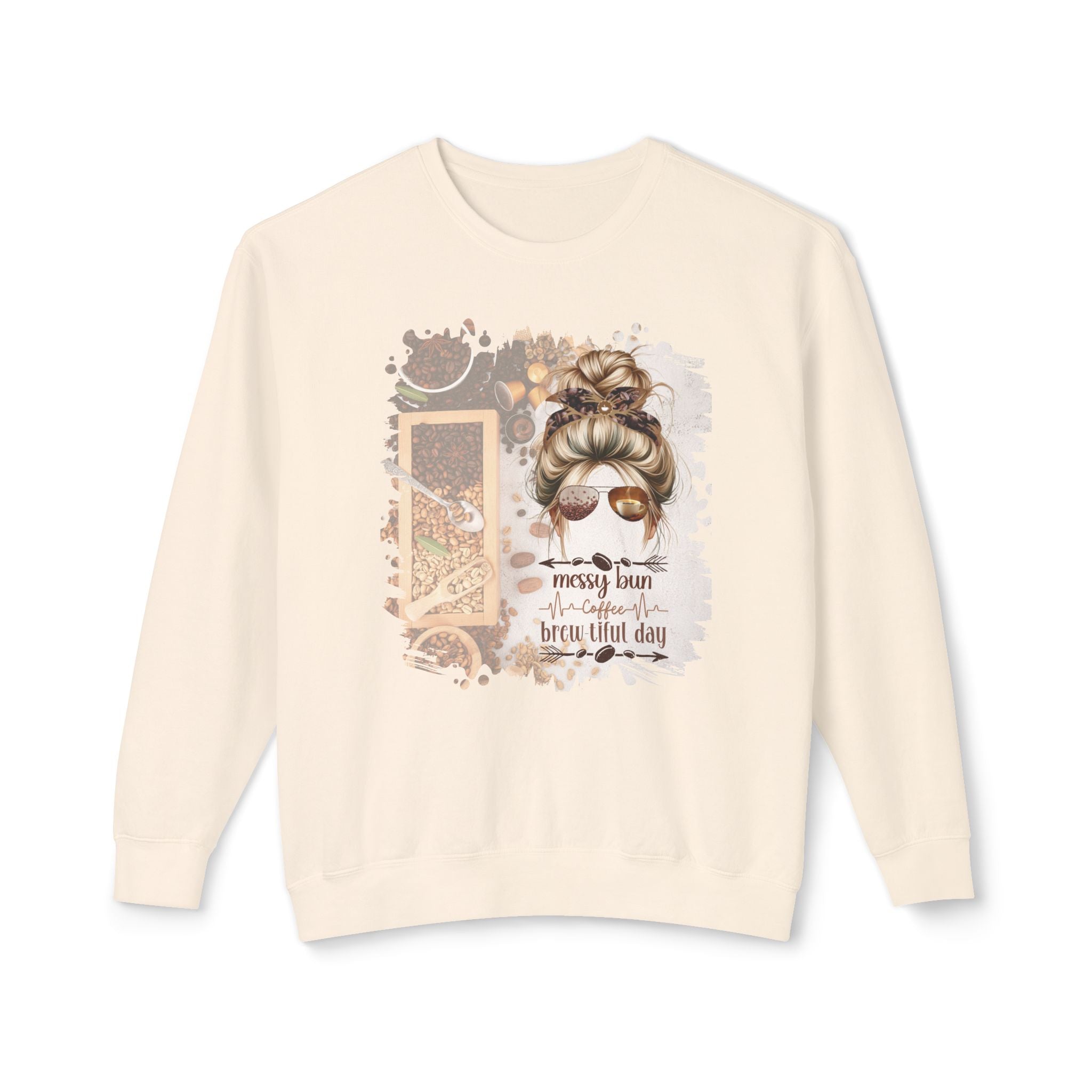Messy Bun Coffee Heartbeat, Coffee Beans Variety, Blond Hair Messy Bun, Unisex Lightweight Crewneck Sweatshirt