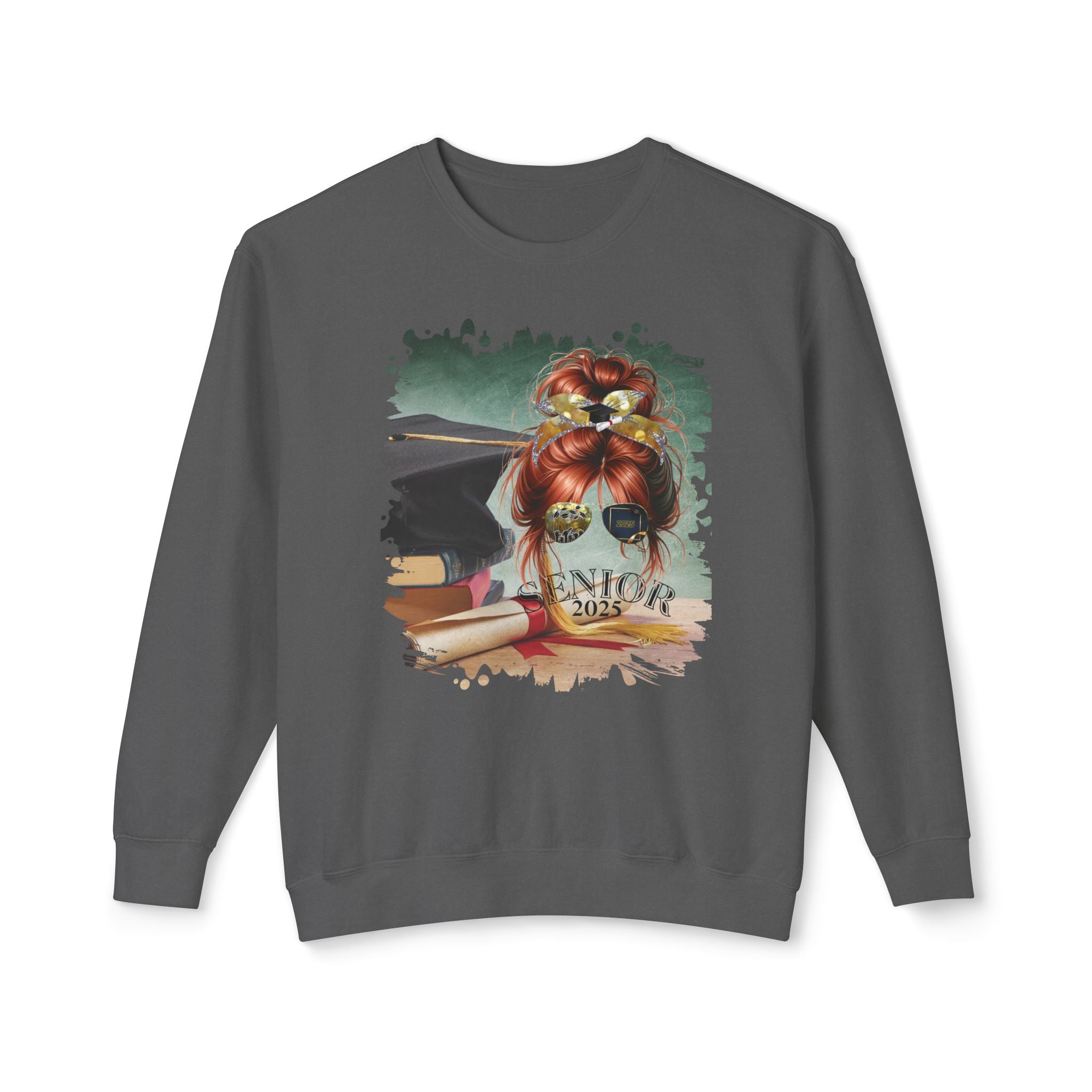 Senior 2025, Cap & Degree/Diploma, Red Hair Messy Bun, Unisex Lightweight Crewneck Sweatshirt
