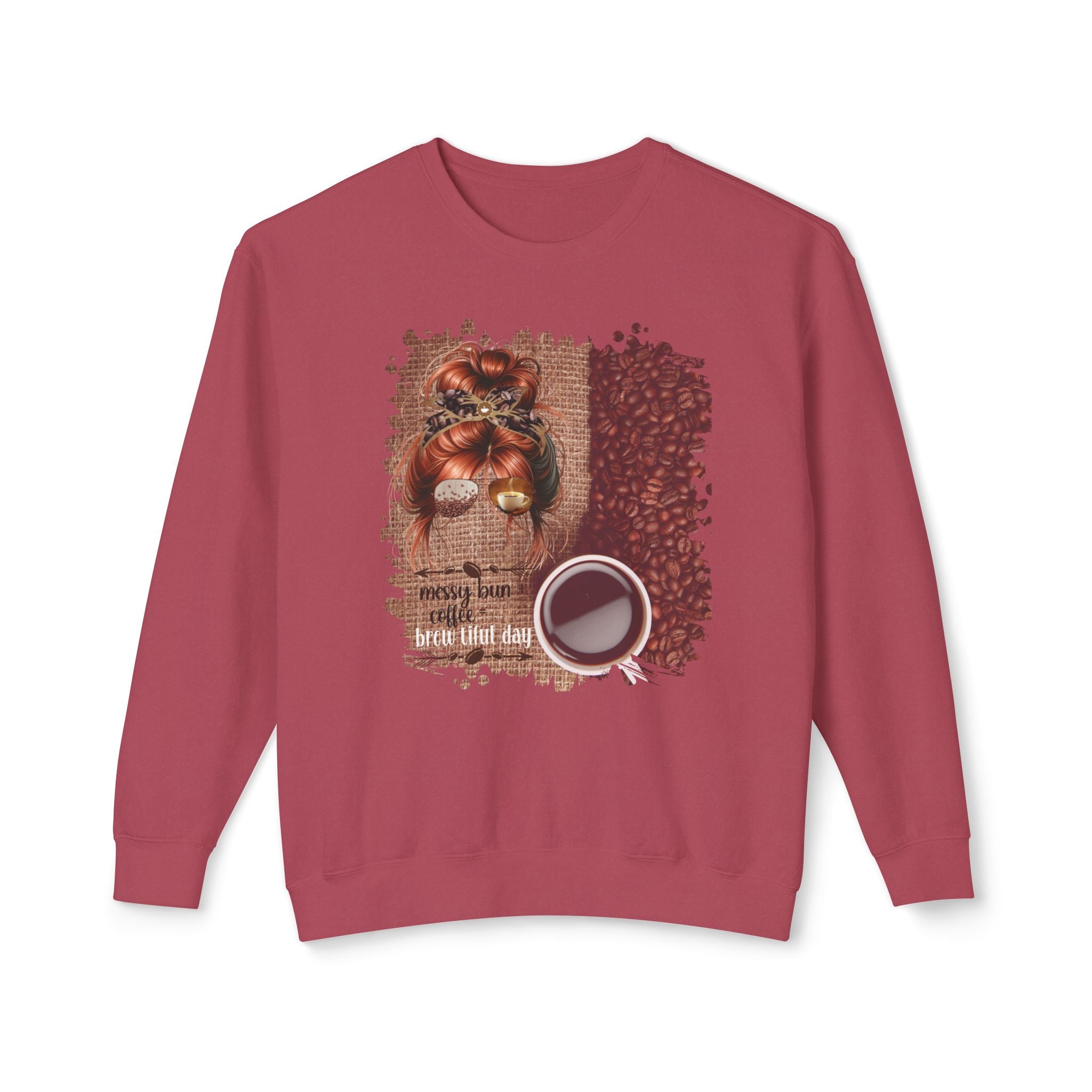 Messy Bun plus Coffee, Coffee Beans Bag, Red Hair Messy Bun, Unisex Lightweight Crewneck Sweatshirt
