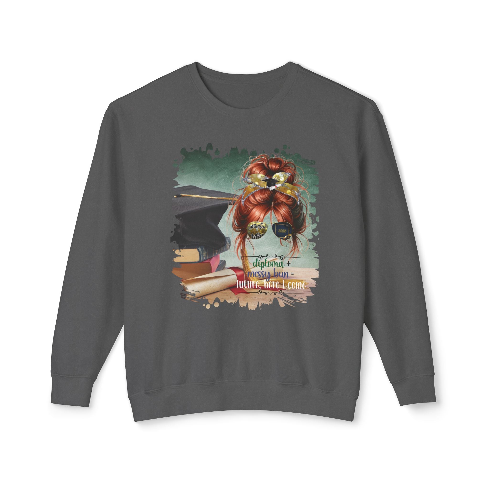 Diploma + Messy Bun, Cap & Degree/Diploma, Red Hair Messy Bun, Unisex Lightweight Crewneck Sweatshirt
