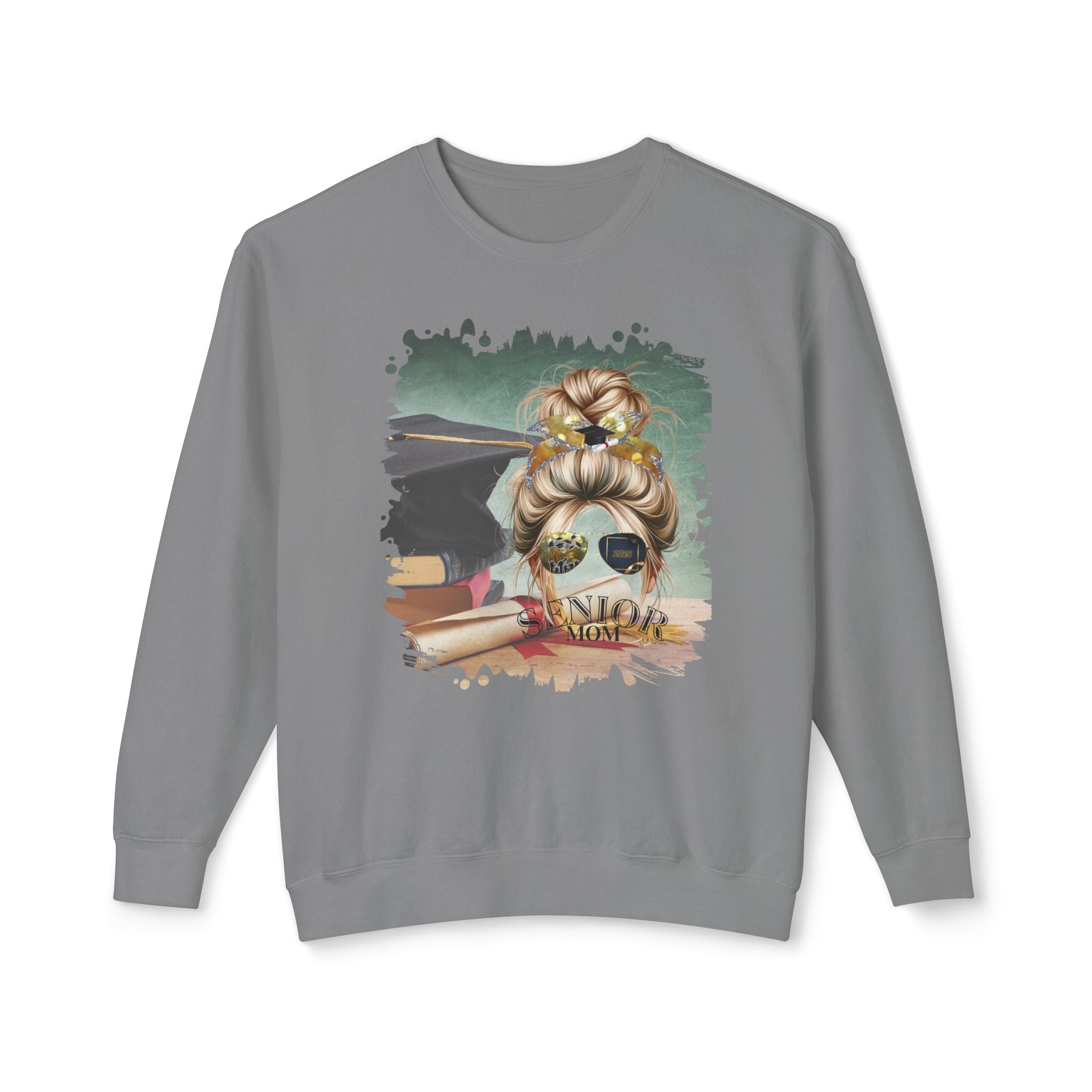 Senior Mom, Cap & Degree/Diploma, Blond Hair Messy Bun, Unisex Lightweight Crewneck Sweatshirt