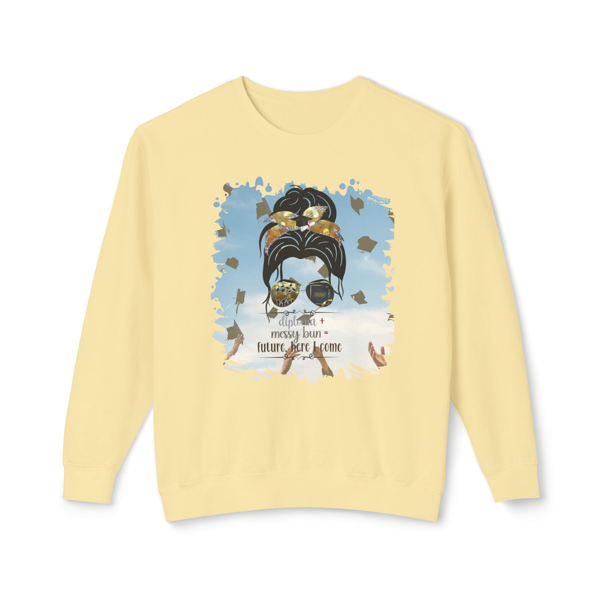 Diploma + Messy Bun, Celebration, Dark Hair Messy Bun, Unisex Lightweight Crewneck Sweatshirt