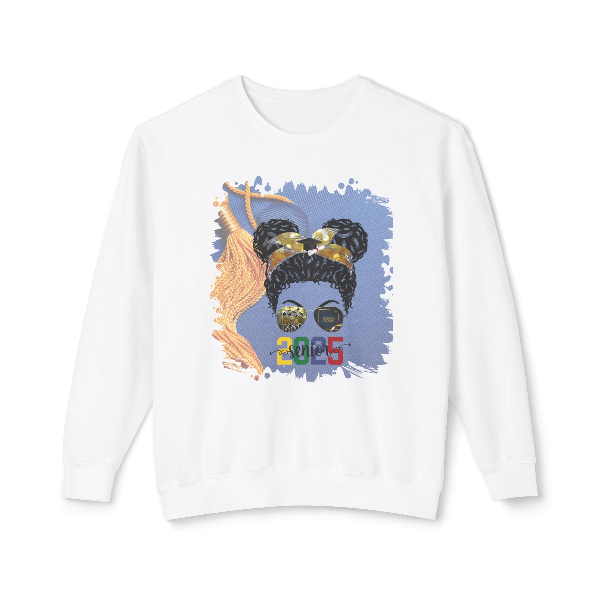 Senior 2025 Colorful, Graduation Cap, Black Hair Messy Bun, Unisex Lightweight Crewneck Sweatshirt