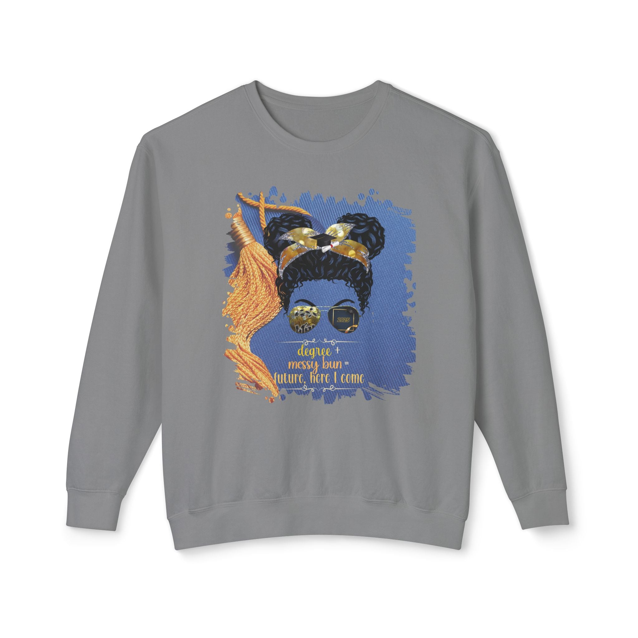 Degree + Messy Bun, Graduation Cap, Black Hair Messy Bun, Unisex Lightweight Crewneck Sweatshirt