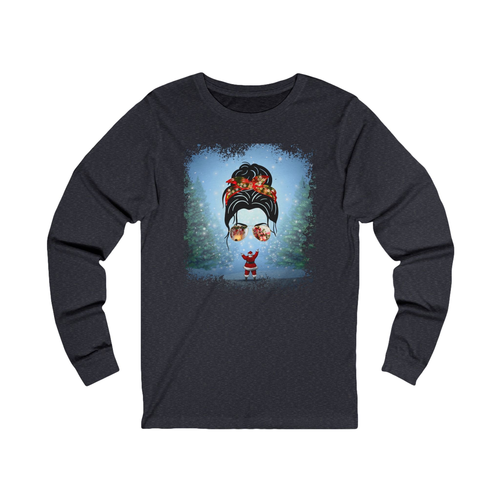 Santa, Dark Hair Messy Bun, Unisex Jersey Long Sleeve Tee