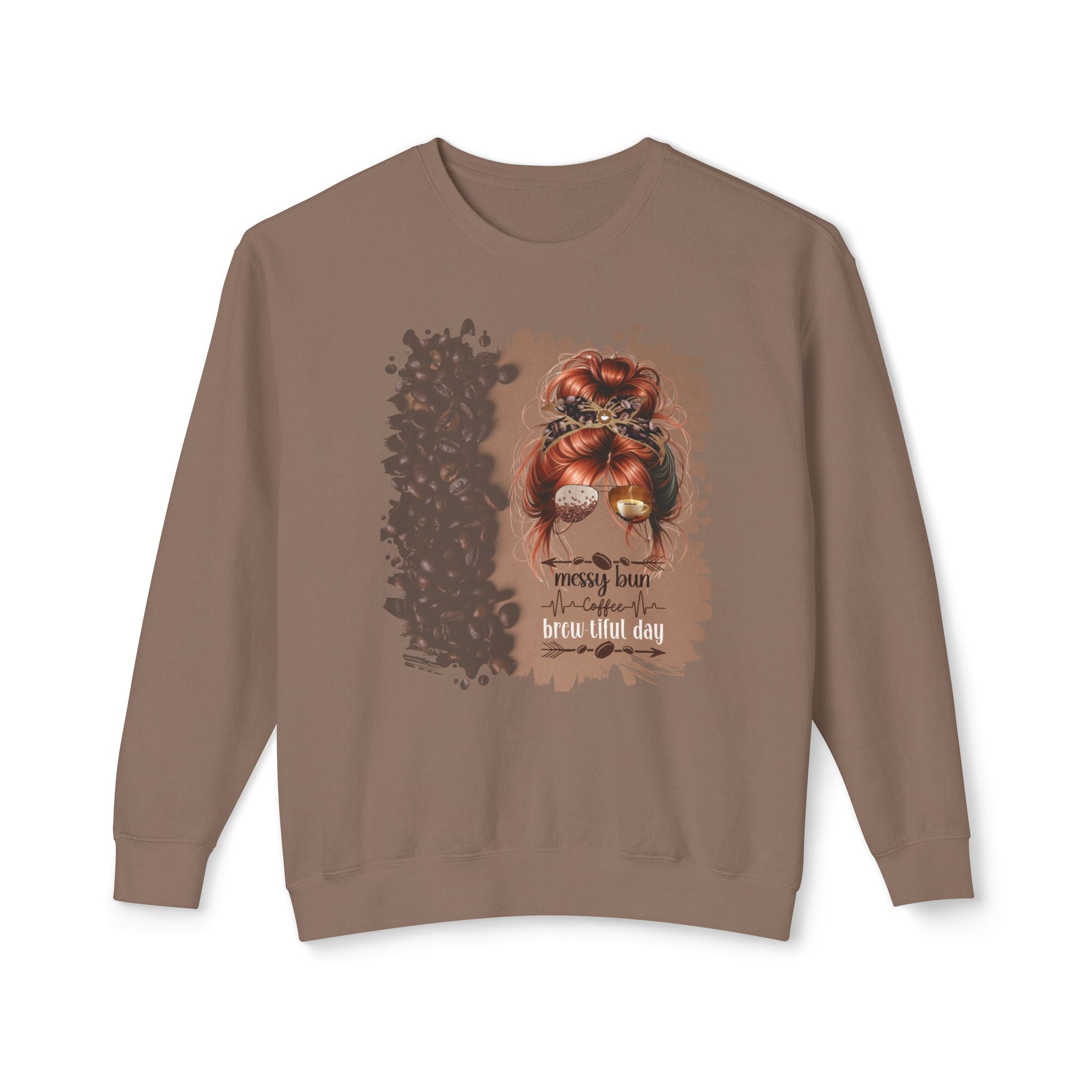 Messy Bun Coffee Heartbeat, Coffee Beans Shade, Red Hair Messy Bun, Unisex Lightweight Crewneck Sweatshirt
