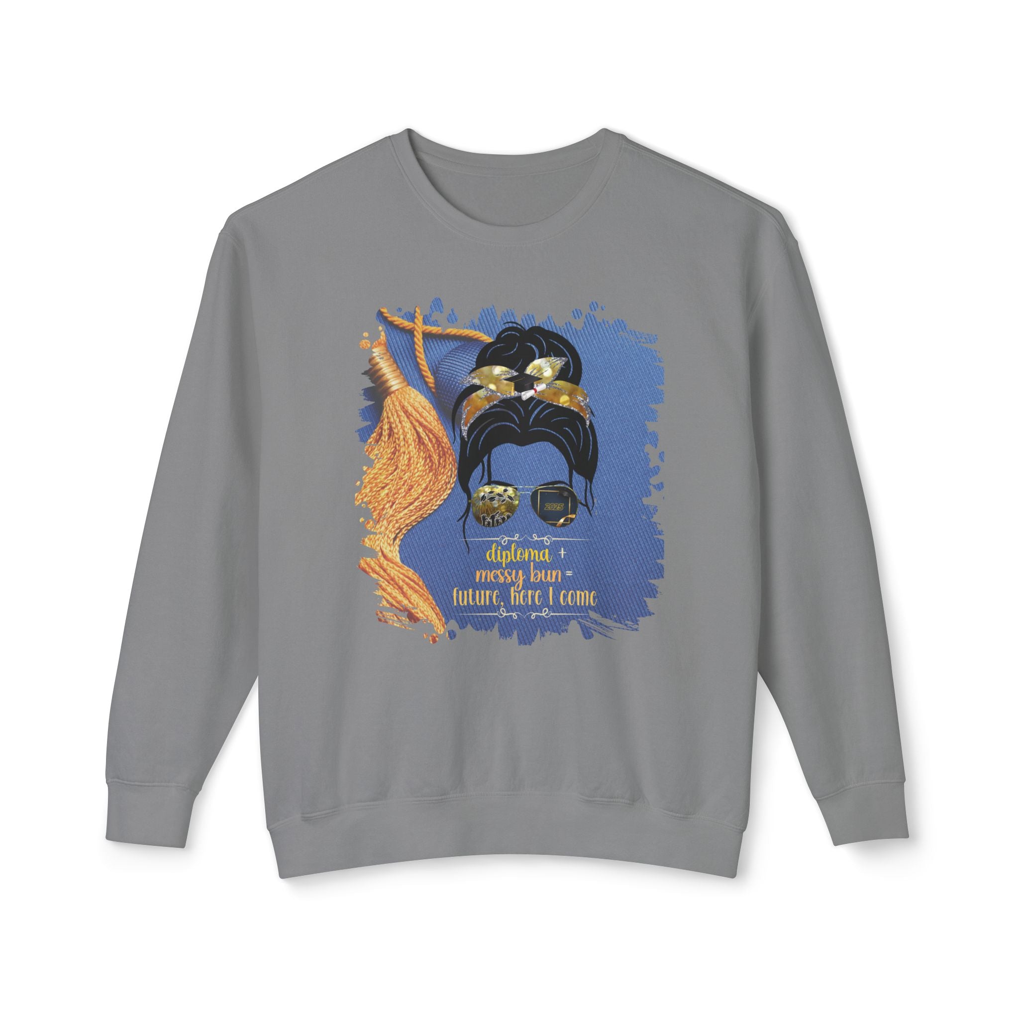 Diploma + Messy Bun, Graduation Cap, Dark Hair Messy Bun, Unisex Lightweight Crewneck Sweatshirt