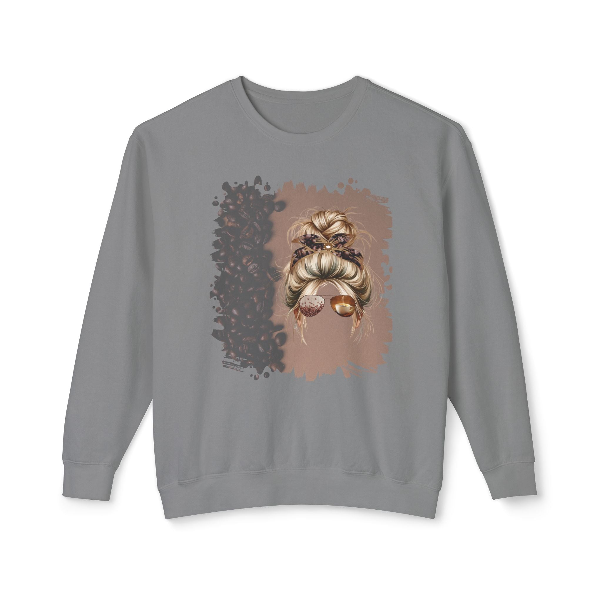 Coffee Beans Shade, Blond Hair Messy Bun, Unisex Lightweight Crewneck Sweatshirt