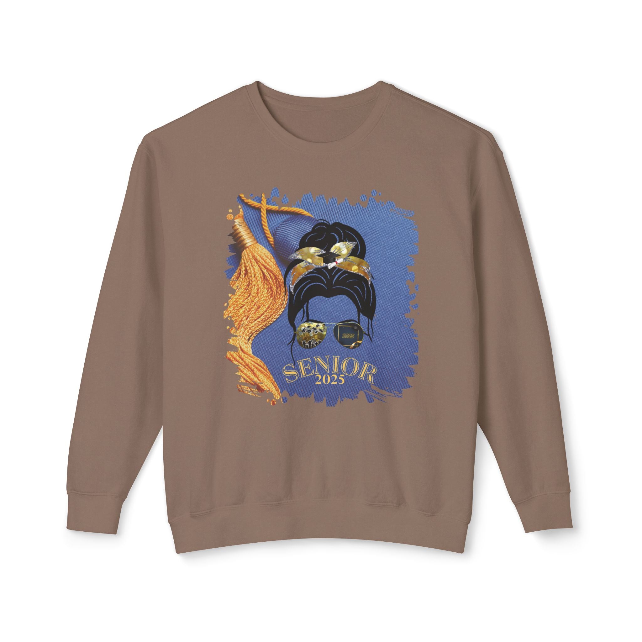Senior 2025, Graduation Cap, Dark Hair Messy Bun, Unisex Lightweight Crewneck Sweatshirt