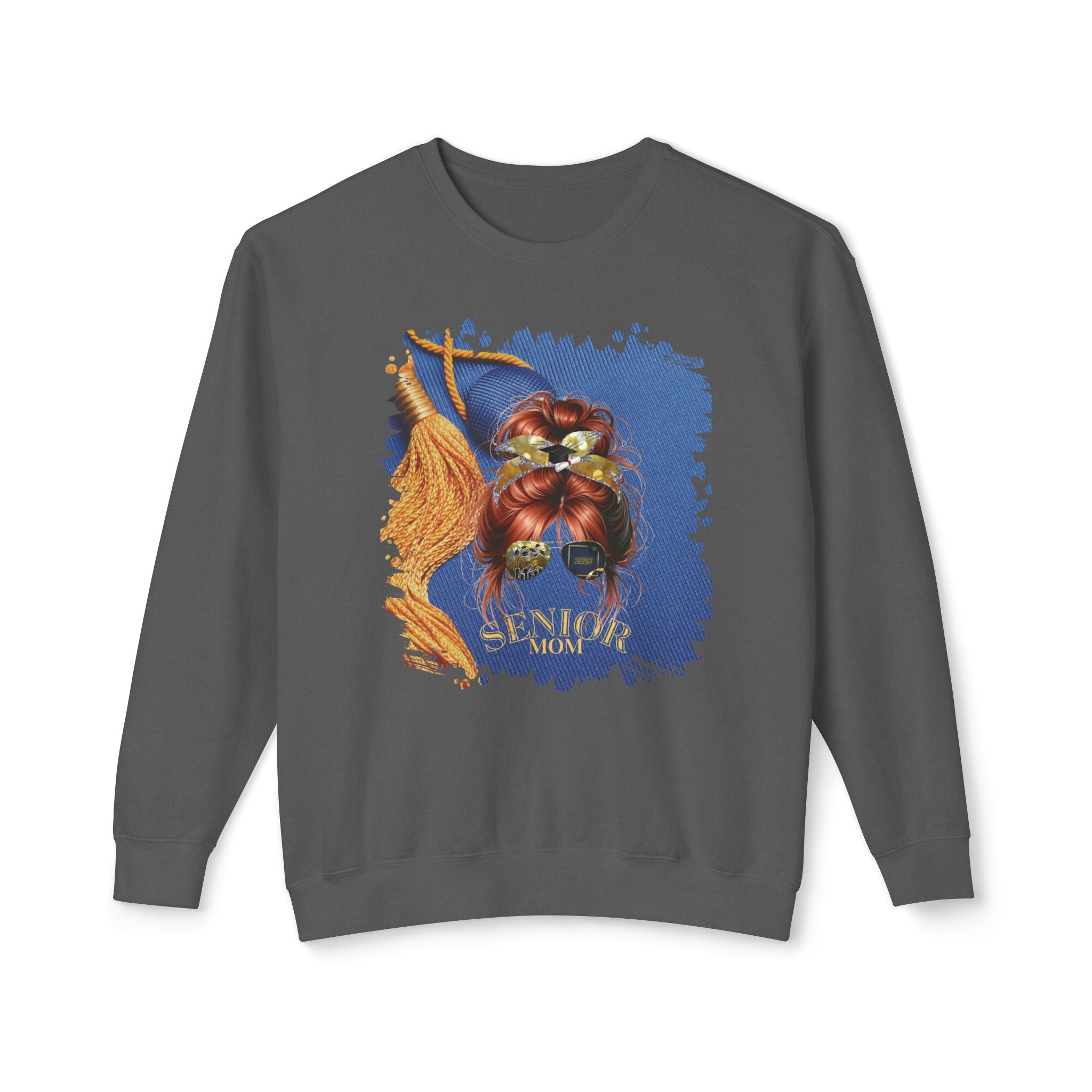 Senior Mom, Graduation Cap, Red Hair Messy Bun, Unisex Lightweight Crewneck Sweatshirt