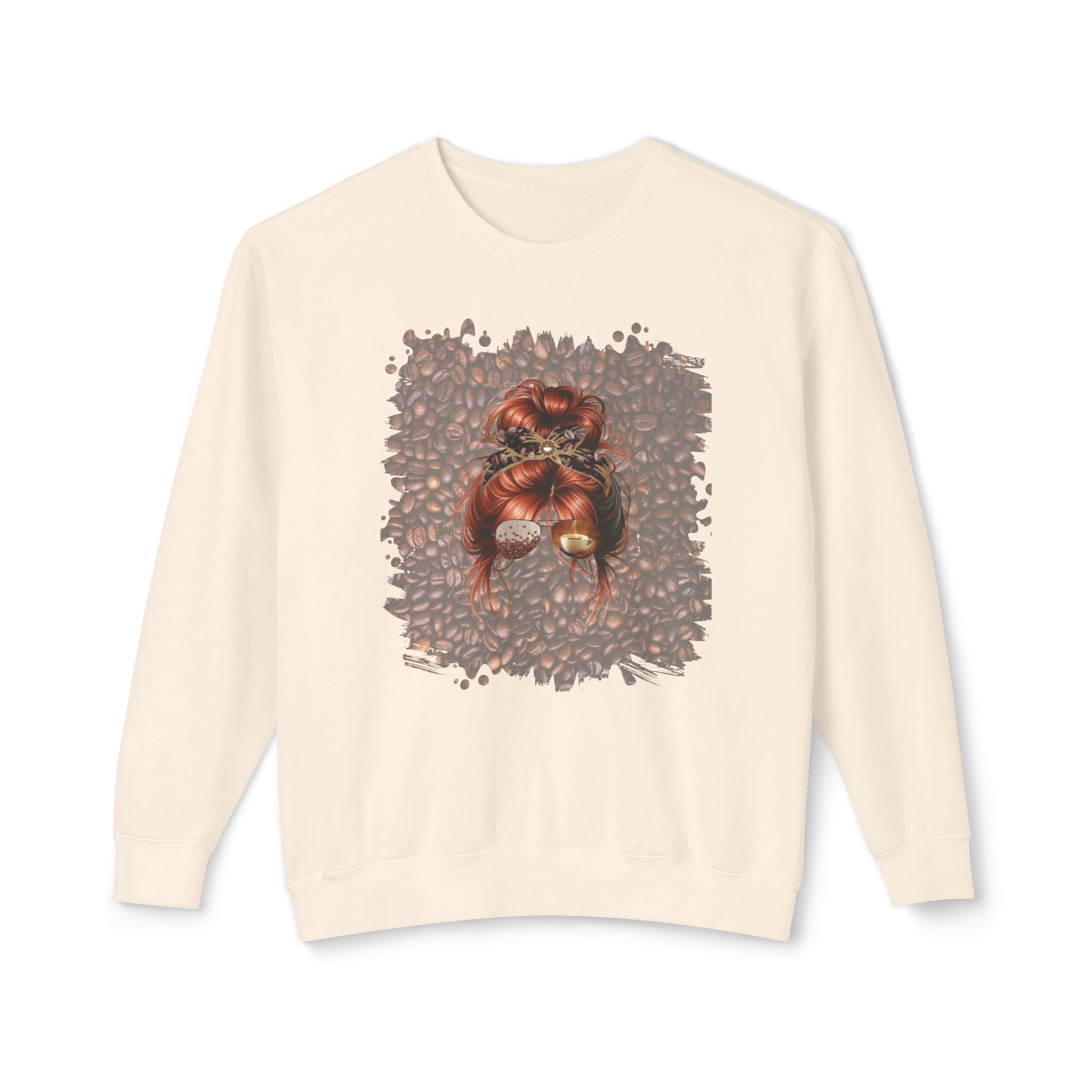 Coffee Beans, Red Hair Messy Bun, Unisex Lightweight Crewneck Sweatshirt