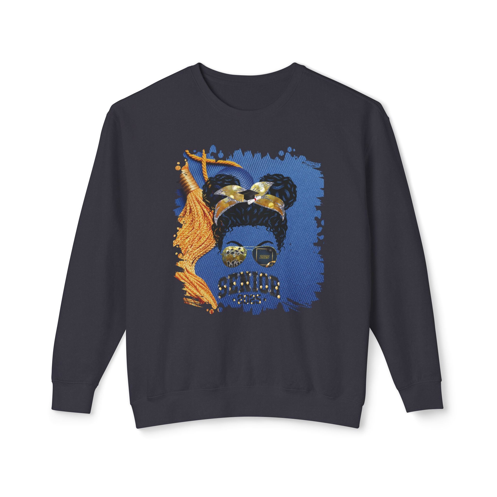 Senior 2025 Balloons, Graduation Cap, Black Hair Messy Bun, Unisex Lightweight Crewneck Sweatshirt