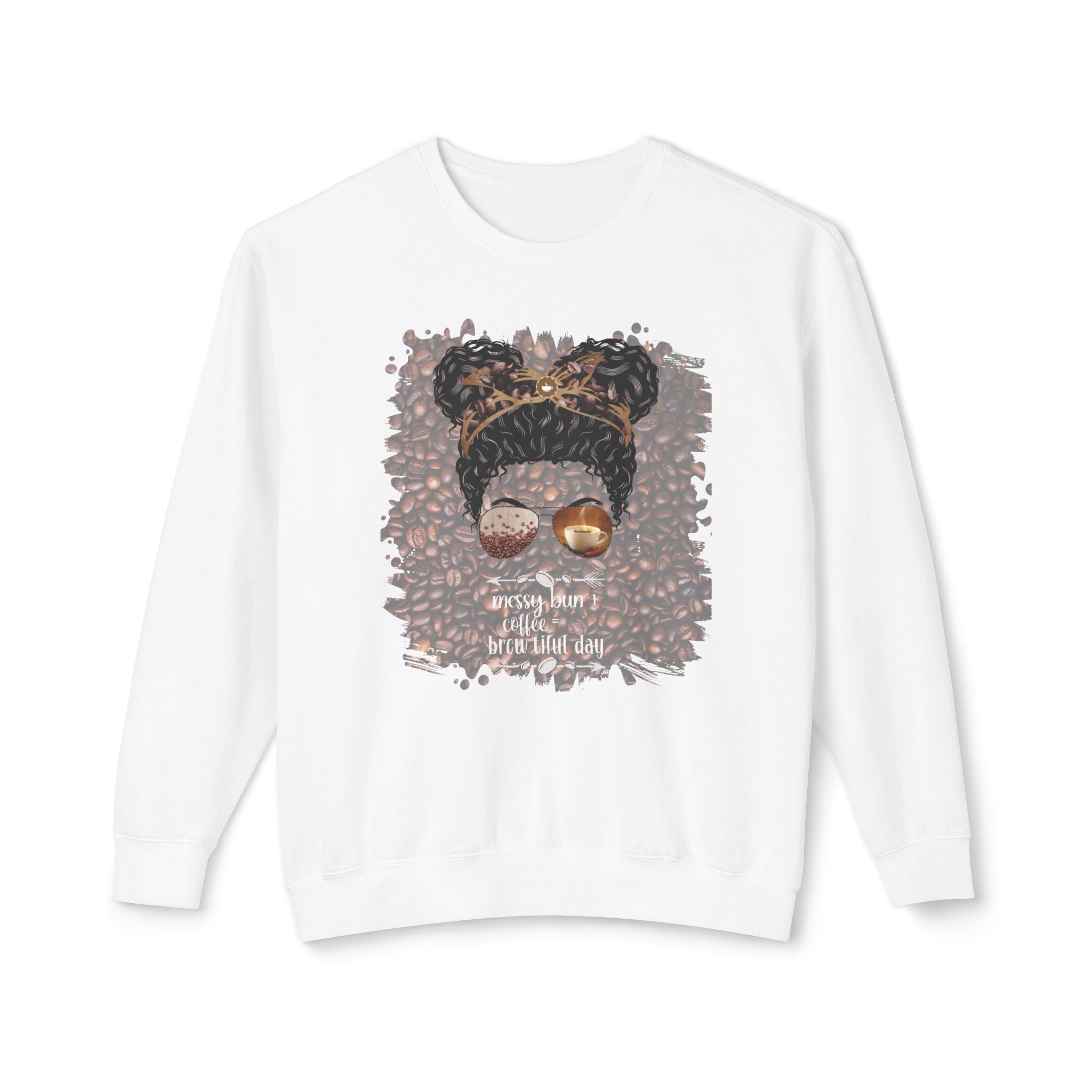 Messy Bun plus Coffee, Coffee Beans, Black Hair Messy Bun, Unisex Lightweight Crewneck Sweatshirt