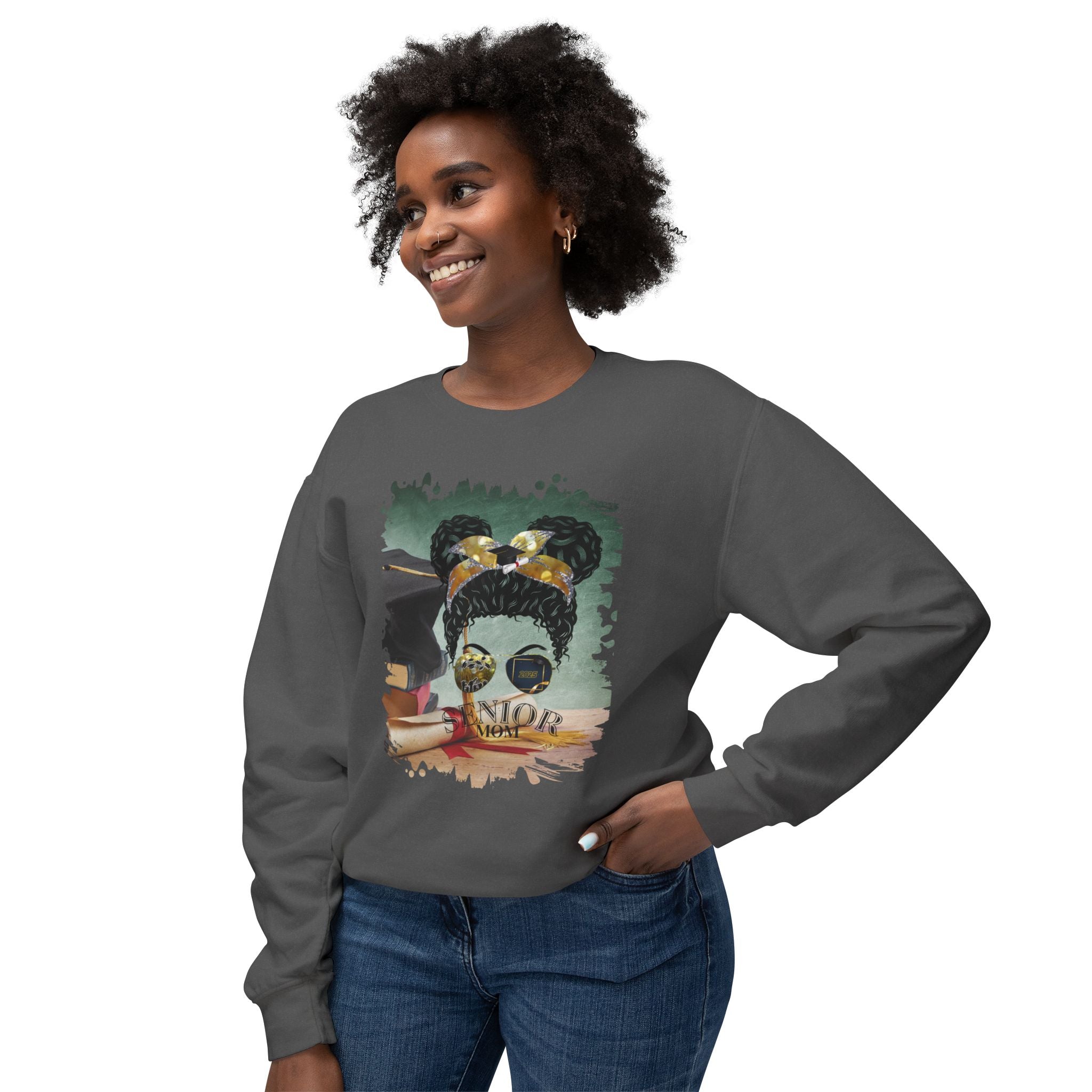 Senior Mom, Cap & Degree/Diploma, Black Hair Messy Bun, Unisex Lightweight Crewneck Sweatshirt