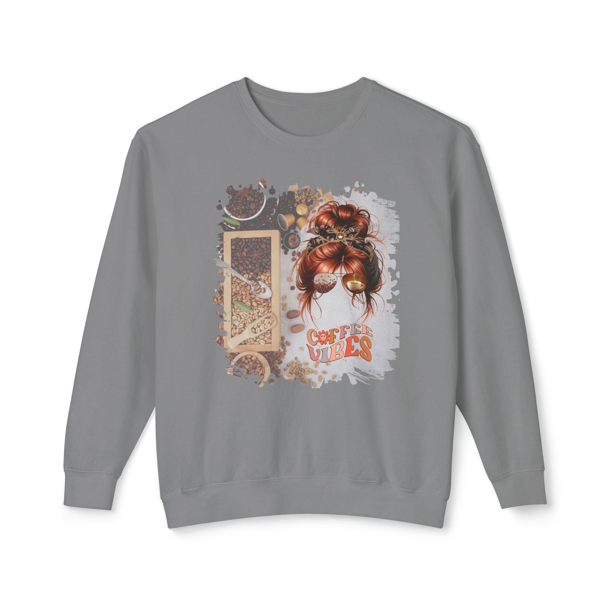 Coffee Vibes, Coffee Beans Variety, Red Hair Messy Bun, Unisex Lightweight Crewneck Sweatshirt