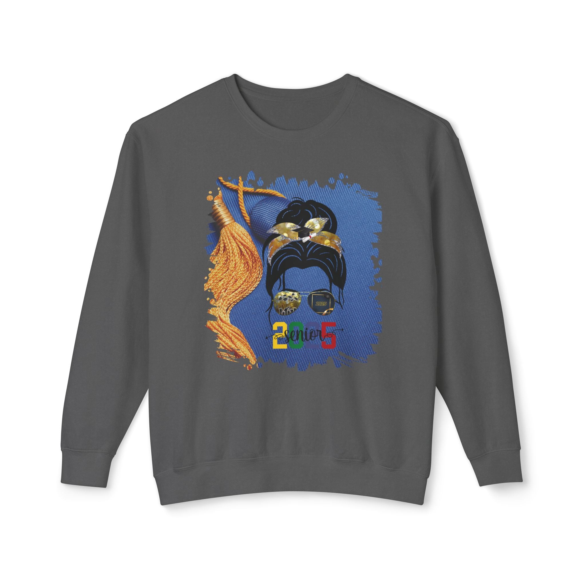 Senior 2025 Colorful, Graduation Cap, Dark Hair Messy Bun, Unisex Lightweight Crewneck Sweatshirt