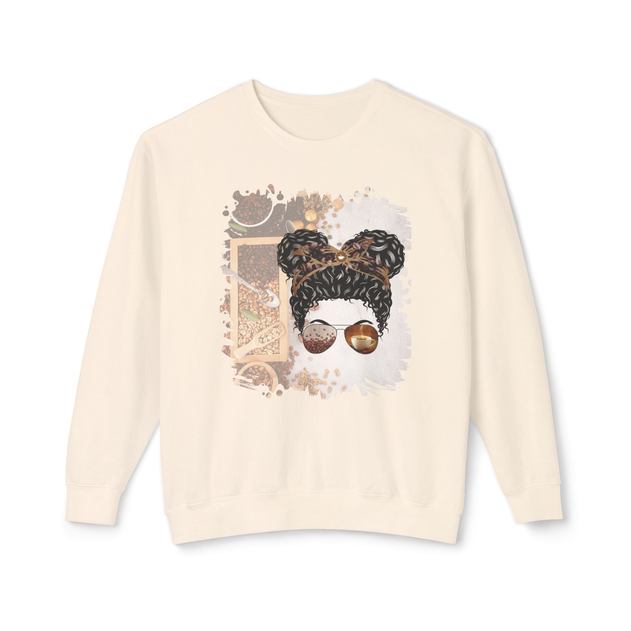 Coffee Beans Variety, Black Hair Messy Bun, Unisex Lightweight Crewneck Sweatshirt