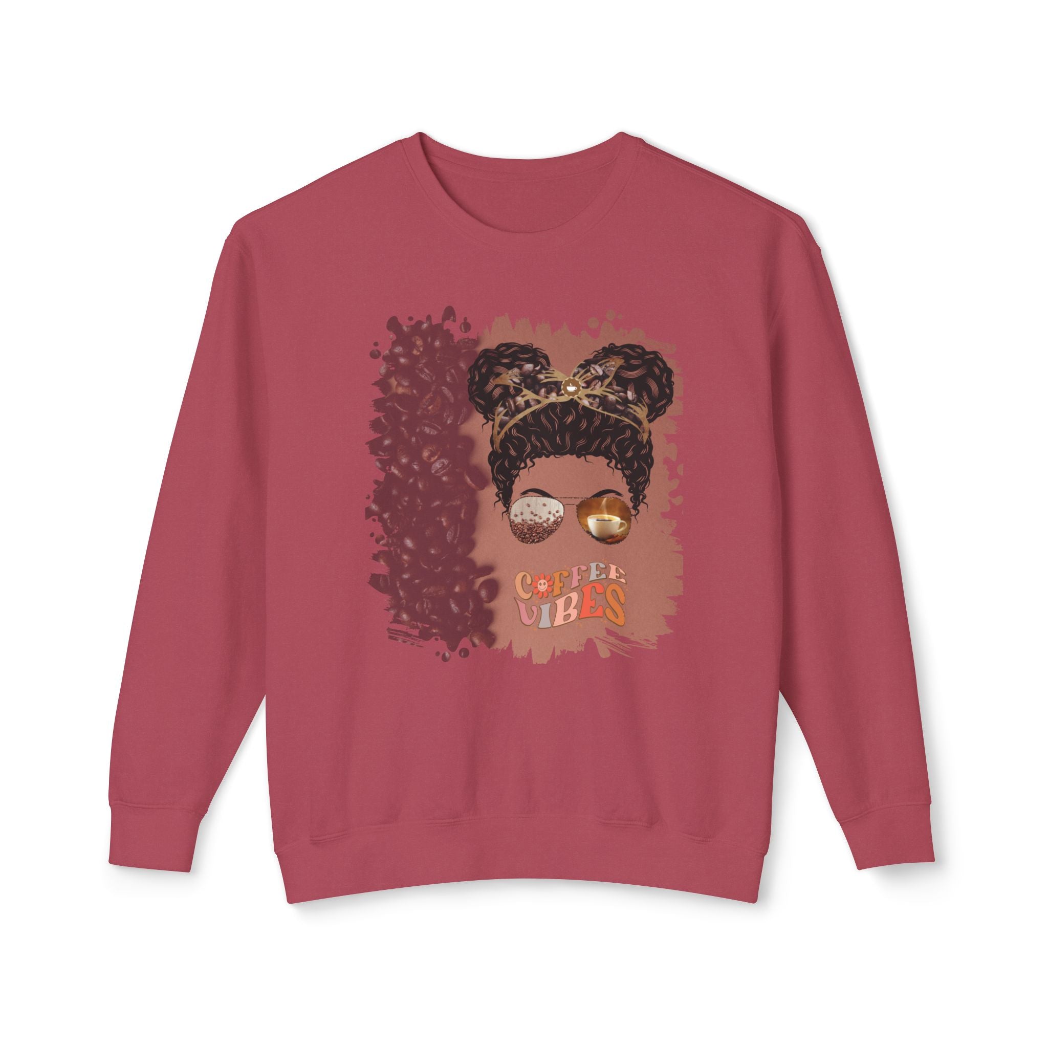 Coffee Vibes, Coffee Beans Shade, Black Hair Messy Bun, Unisex Lightweight Crewneck Sweatshirt