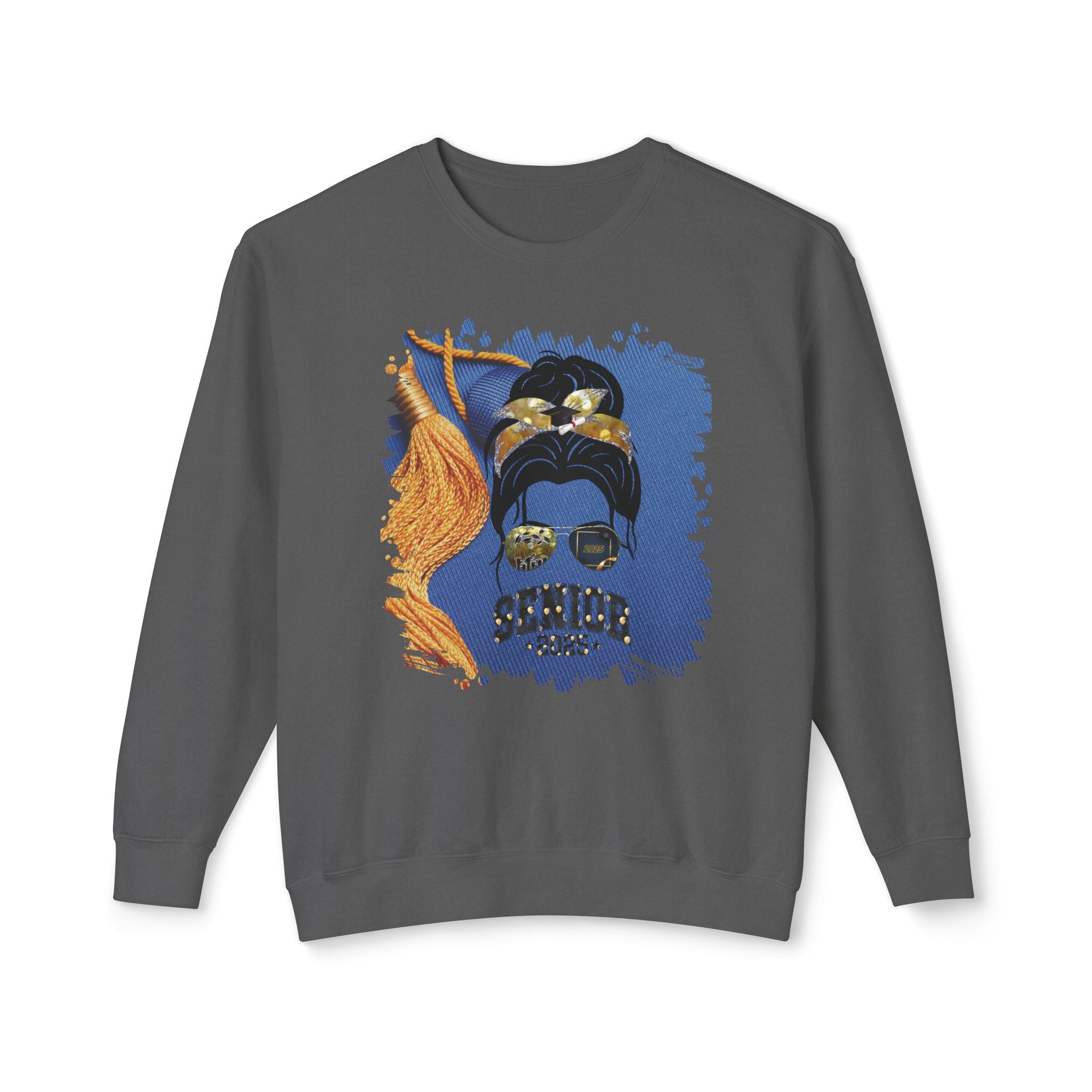 Senior 2025 Balloons, Graduation Cap, Dark Hair Messy Bun, Unisex Lightweight Crewneck Sweatshirt