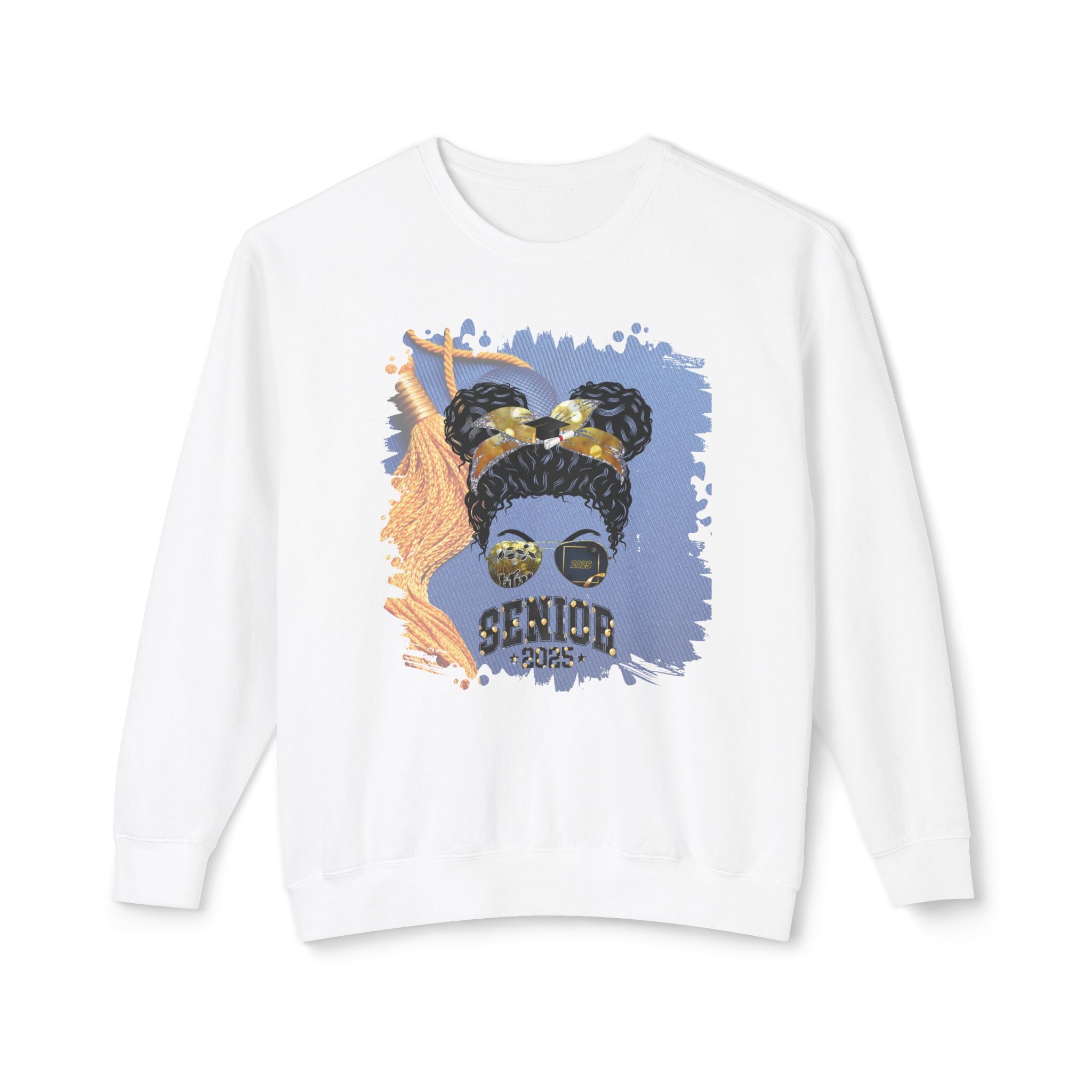 Senior 2025 Balloons, Graduation Cap, Black Hair Messy Bun, Unisex Lightweight Crewneck Sweatshirt